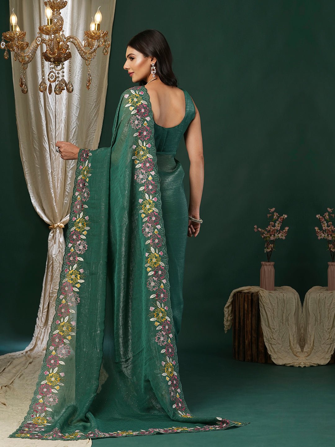 Dark Green Embroidered Tissue Silk Saree - Ressa