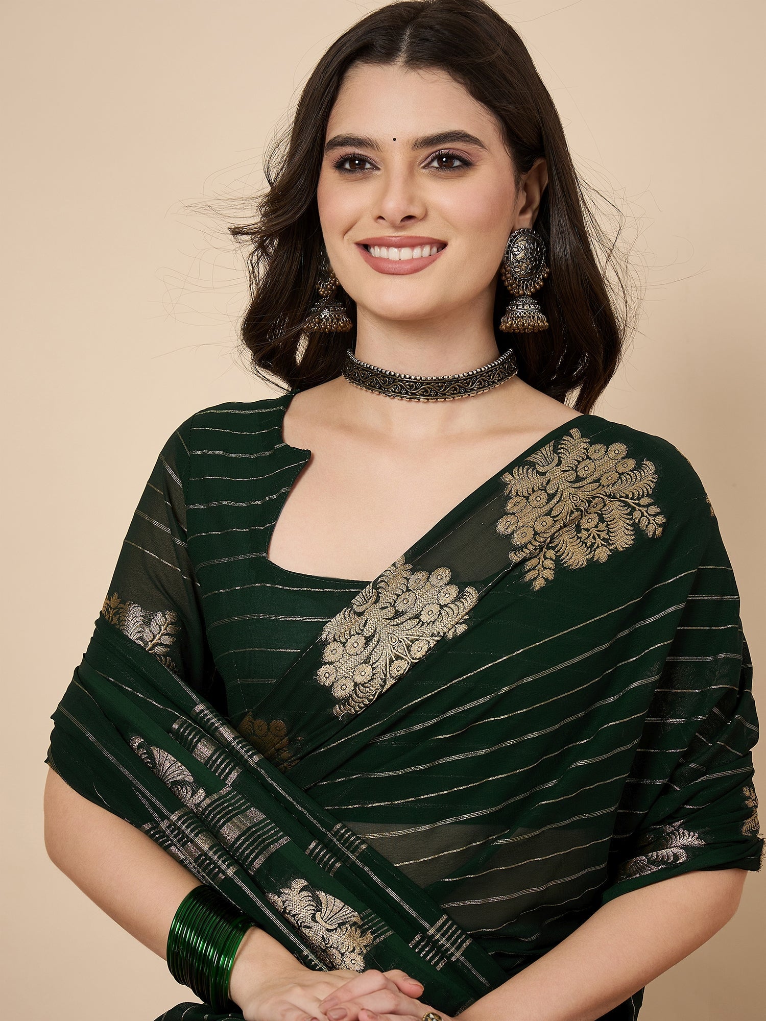 Dark Green Georgette Zari Saree with Banarasi Buta - Ressa