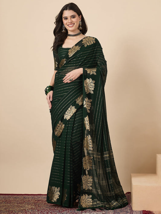 Dark Green Georgette Zari Saree with Banarasi Buta - Ressa