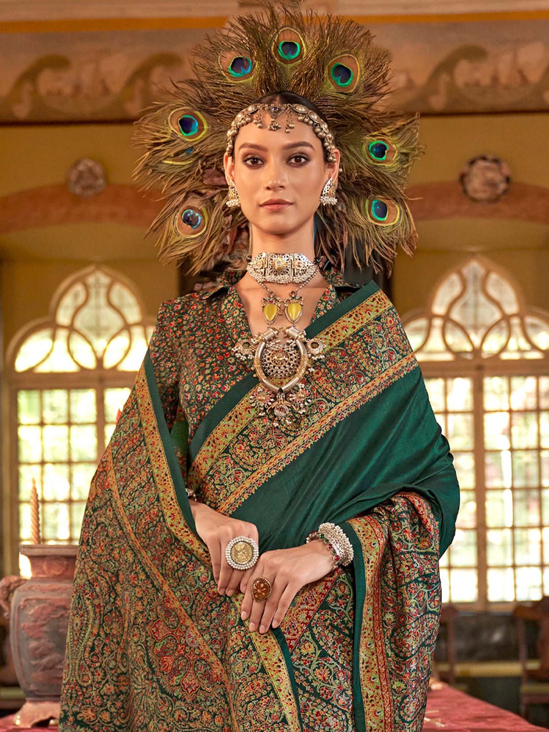 Dark Green Kalamkari Inspired Silk Blend Saree - Ressa