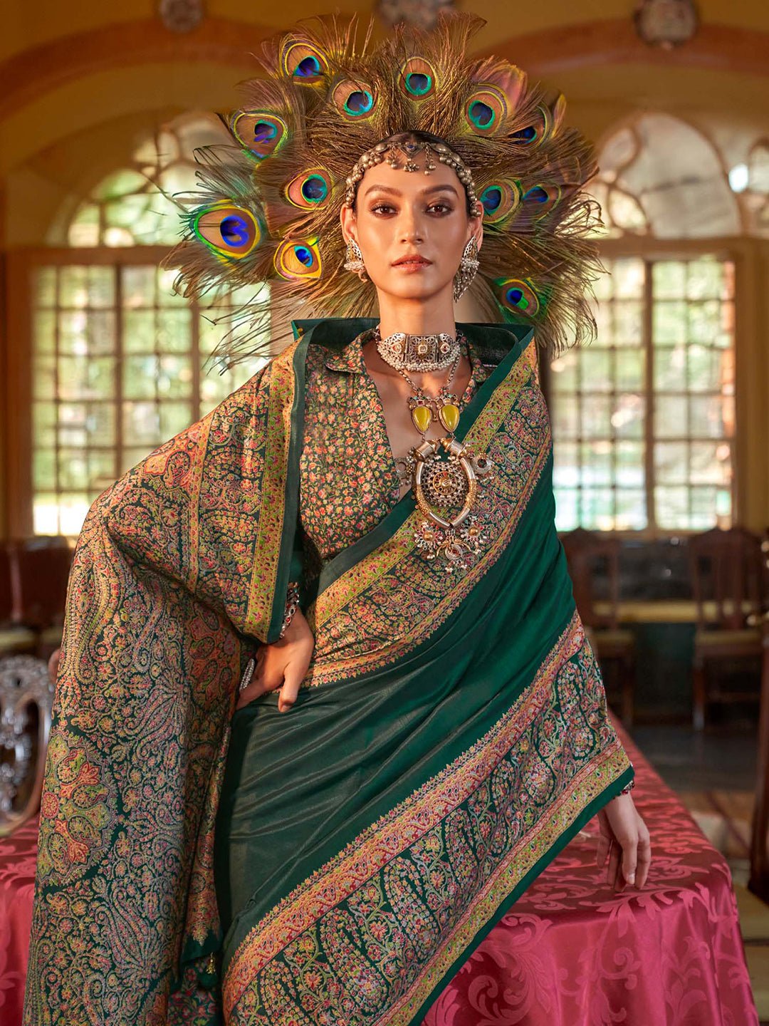 Dark Green Kalamkari Inspired Silk Blend Saree - Ressa