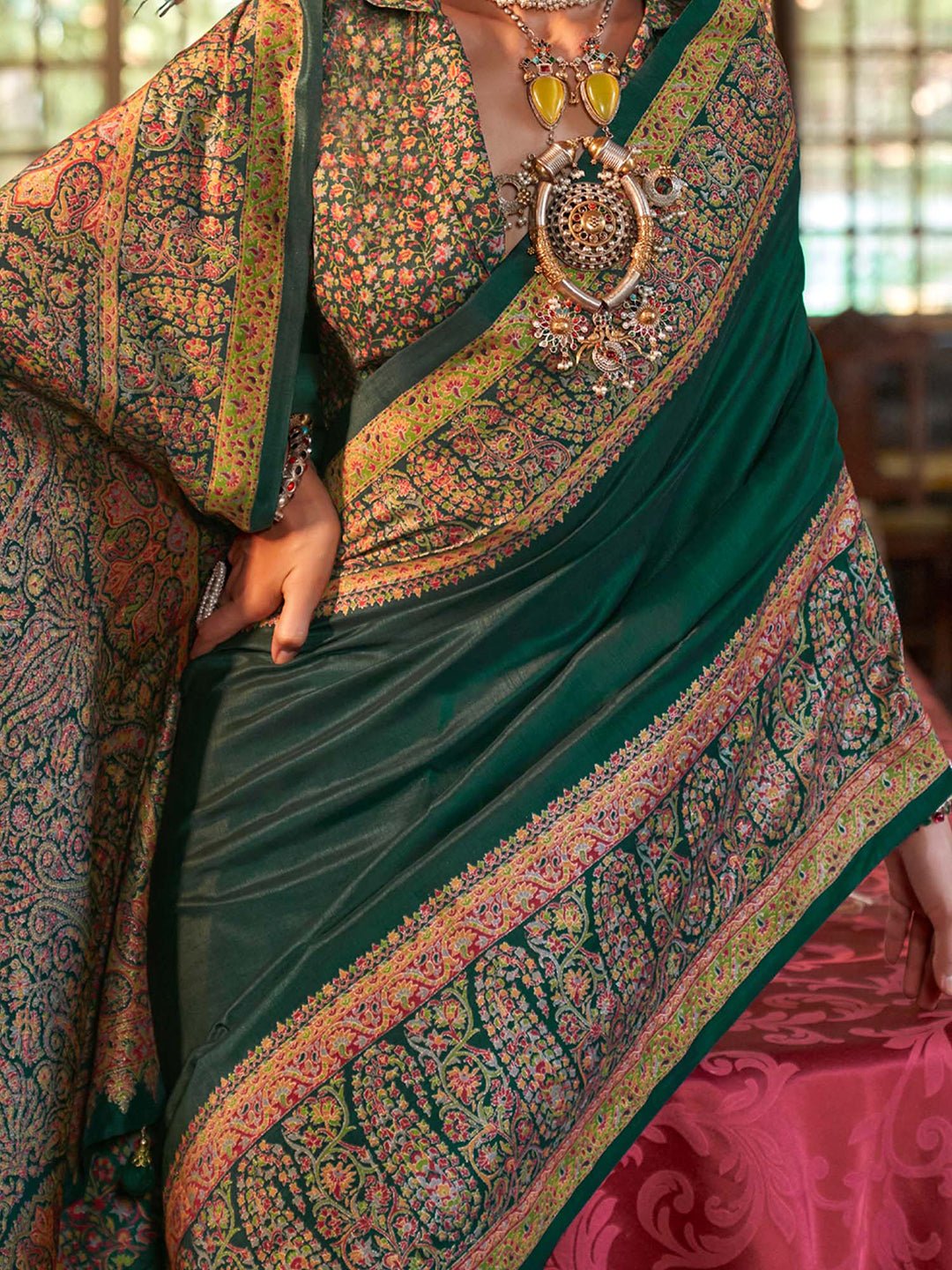 Dark Green Kalamkari Inspired Silk Blend Saree - Ressa