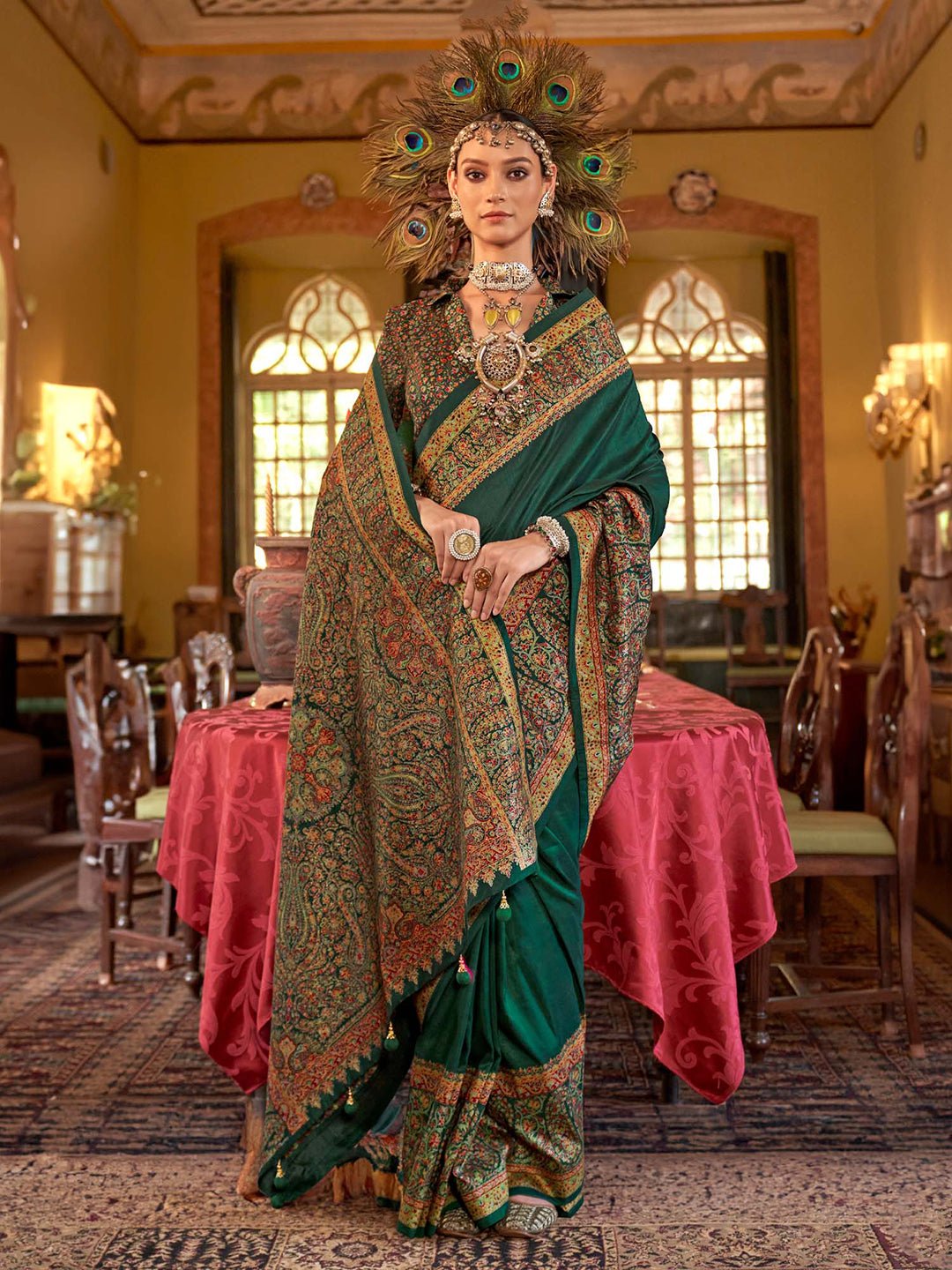 Dark Green Kalamkari Inspired Silk Blend Saree - Ressa