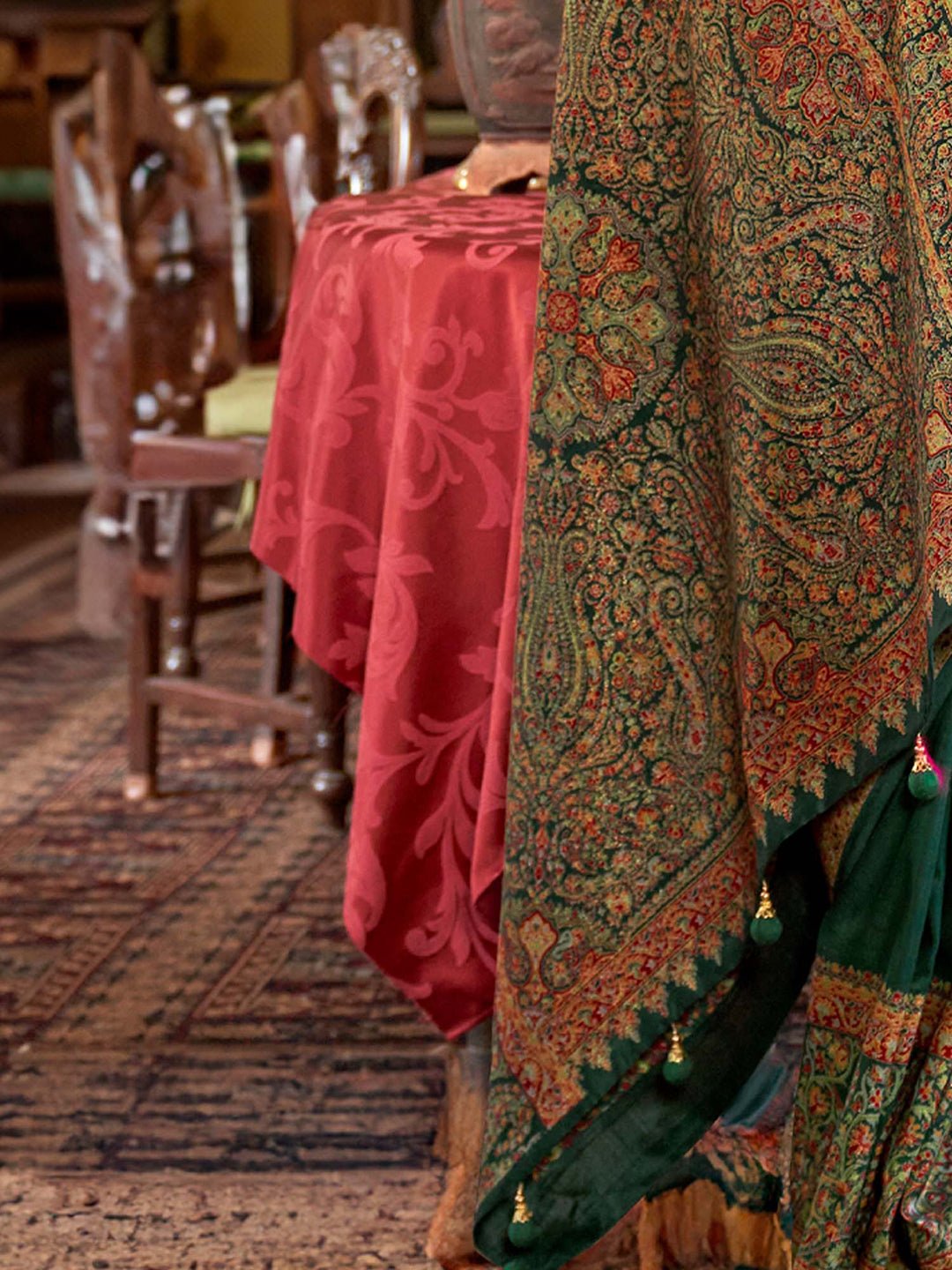 Dark Green Kalamkari Inspired Silk Blend Saree - Ressa