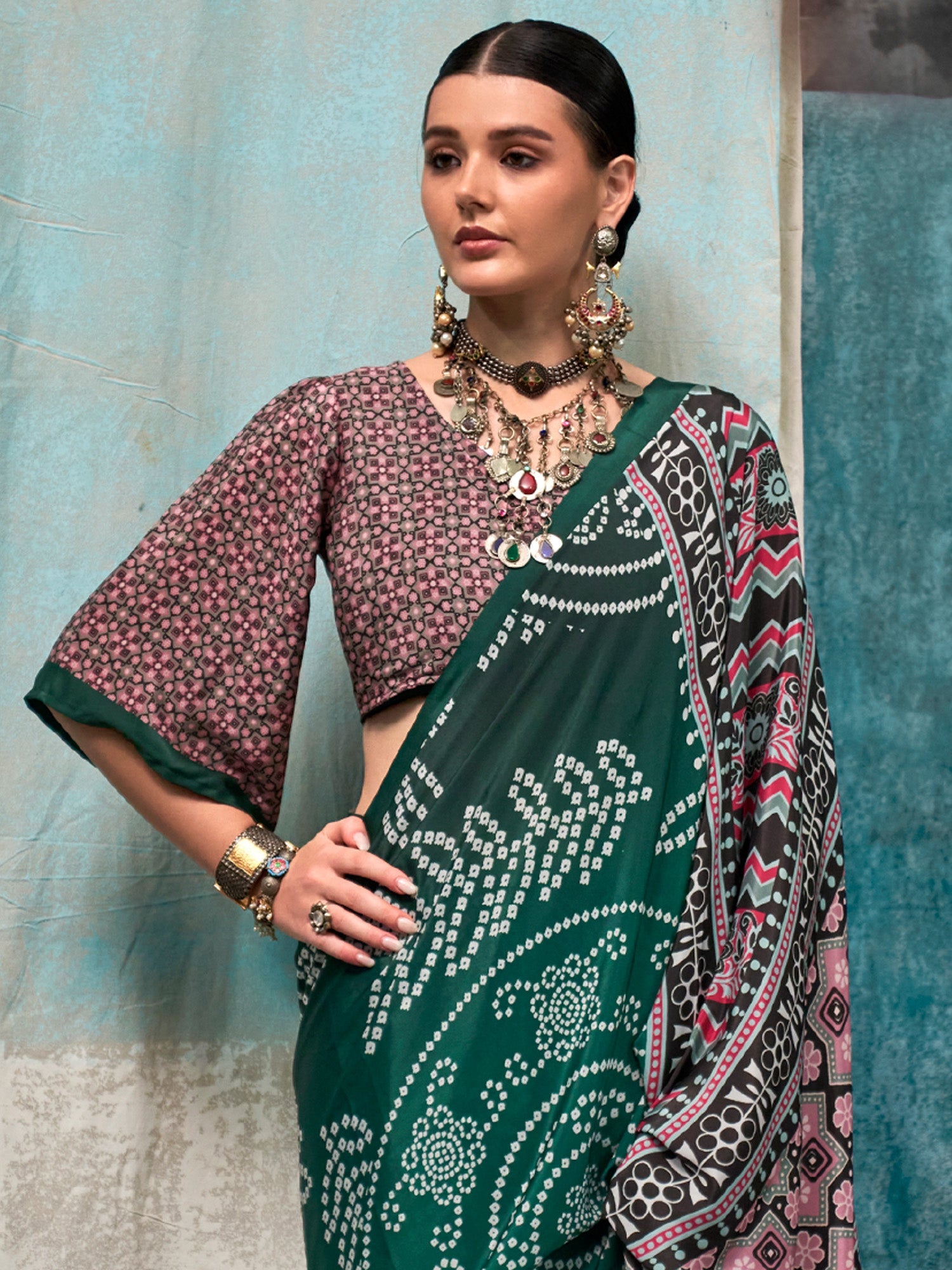 Dark Green & Multi-color Satin Silk Saree - Ressa