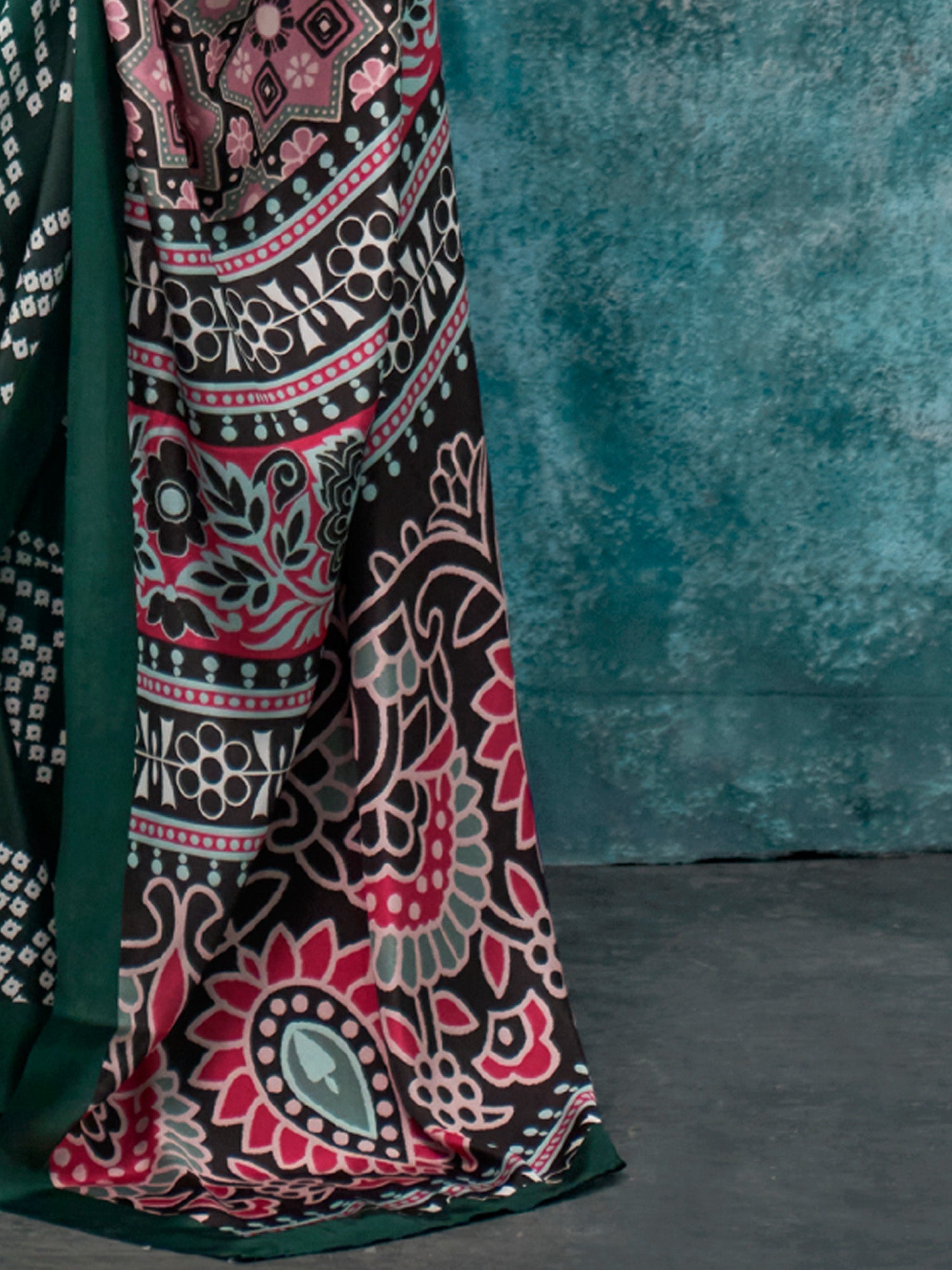 Dark Green & Multi-color Satin Silk Saree - Ressa