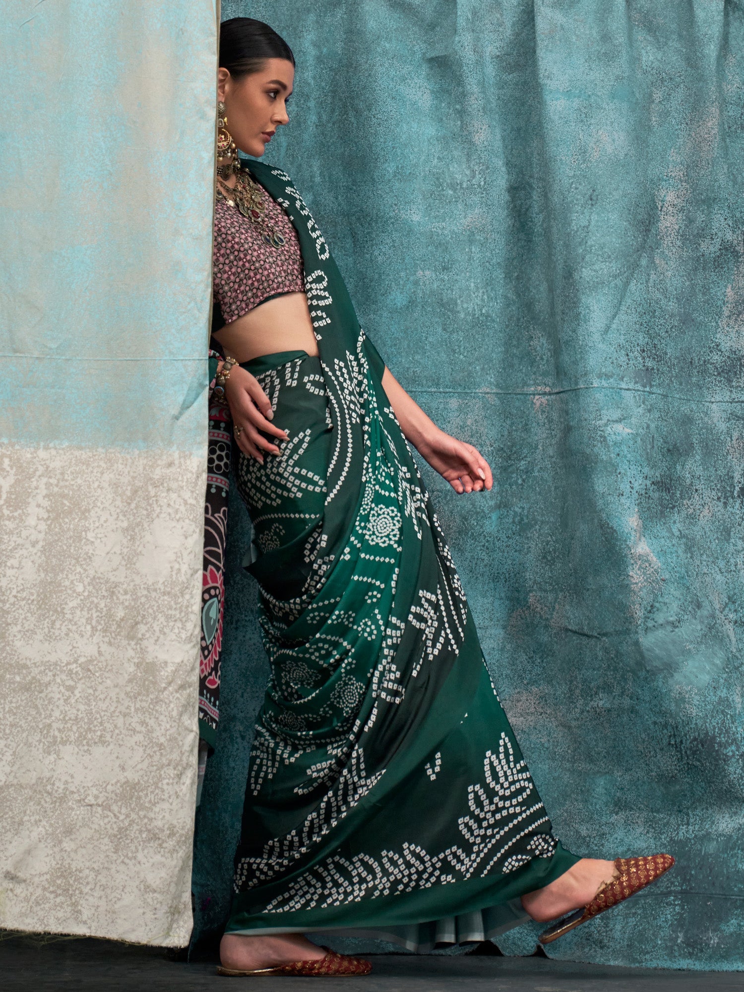 Dark Green & Multi-color Satin Silk Saree - Ressa