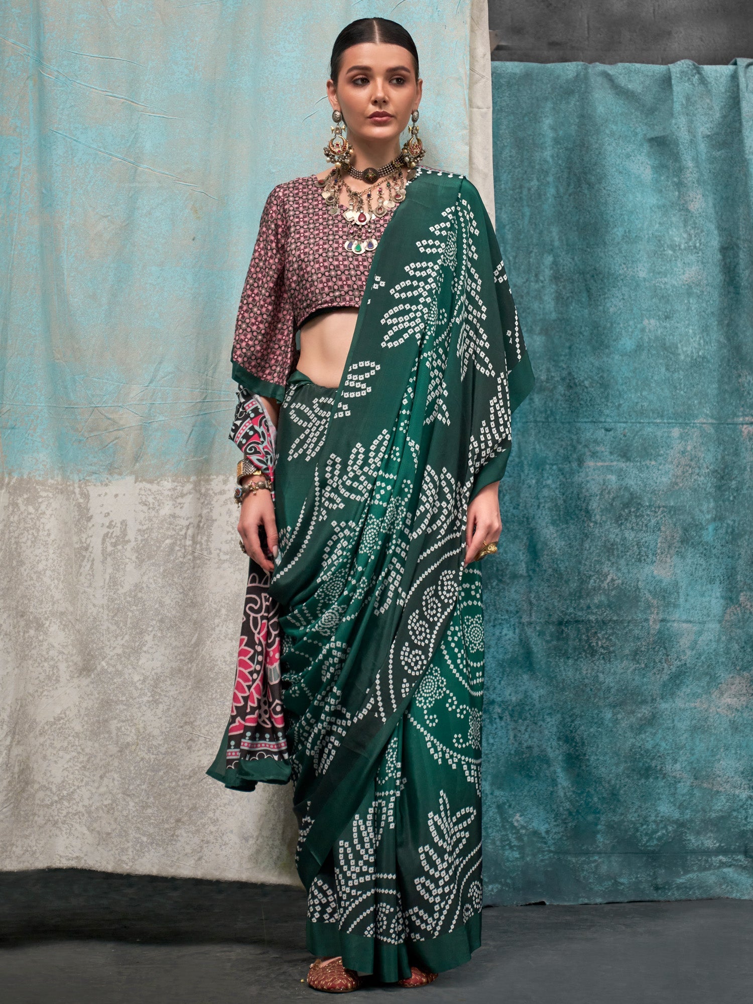 Dark Green & Multi-color Satin Silk Saree - Ressa