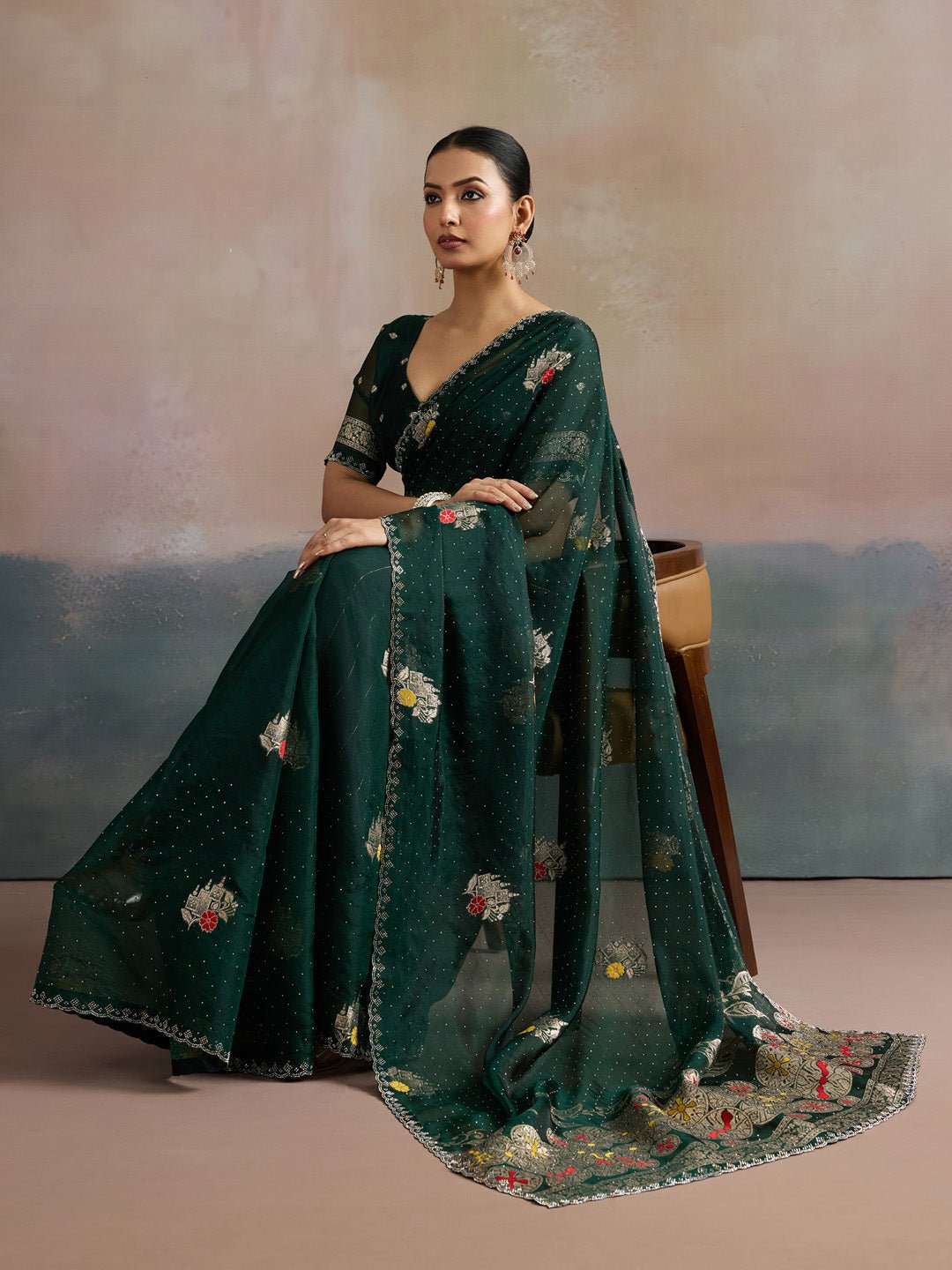 Dark Green Organza Saree With Jari Border - Ressa