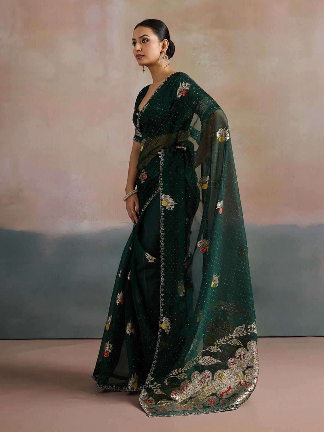 Dark Green Organza Saree With Jari Border - Ressa