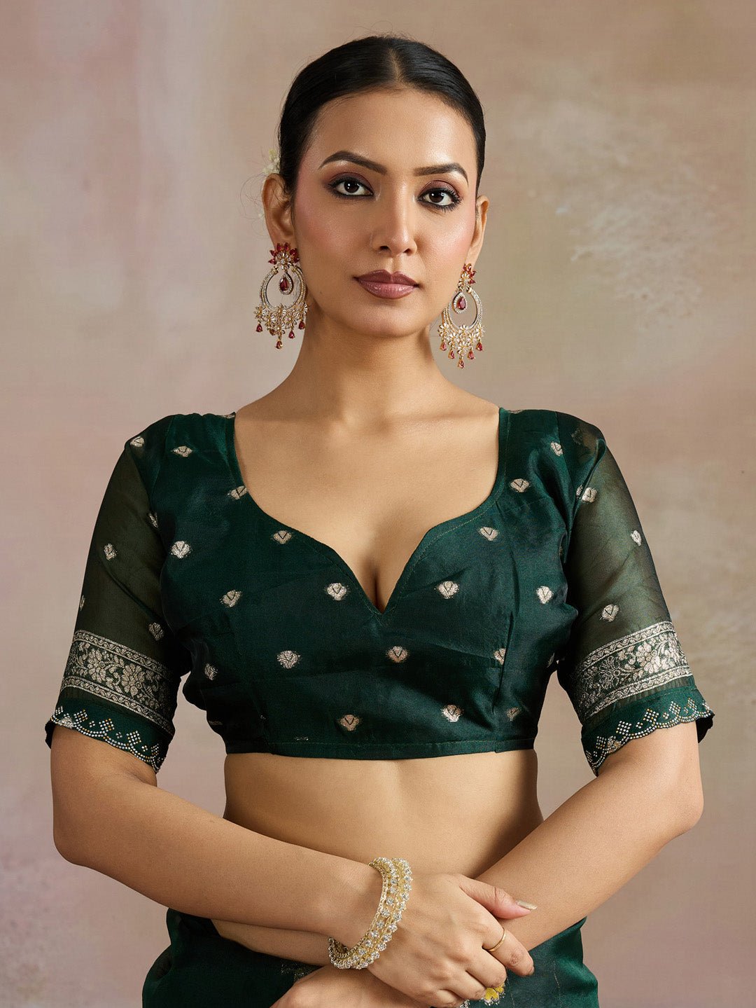Dark Green Organza Saree With Jari Border - Ressa