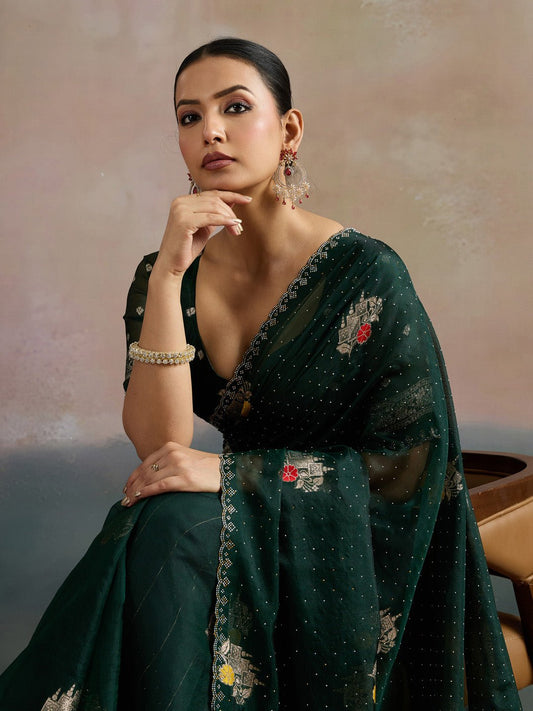 Dark Green Organza Saree With Jari Border - Ressa