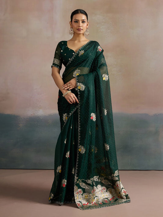 Dark Green Organza Saree With Jari Border - Ressa