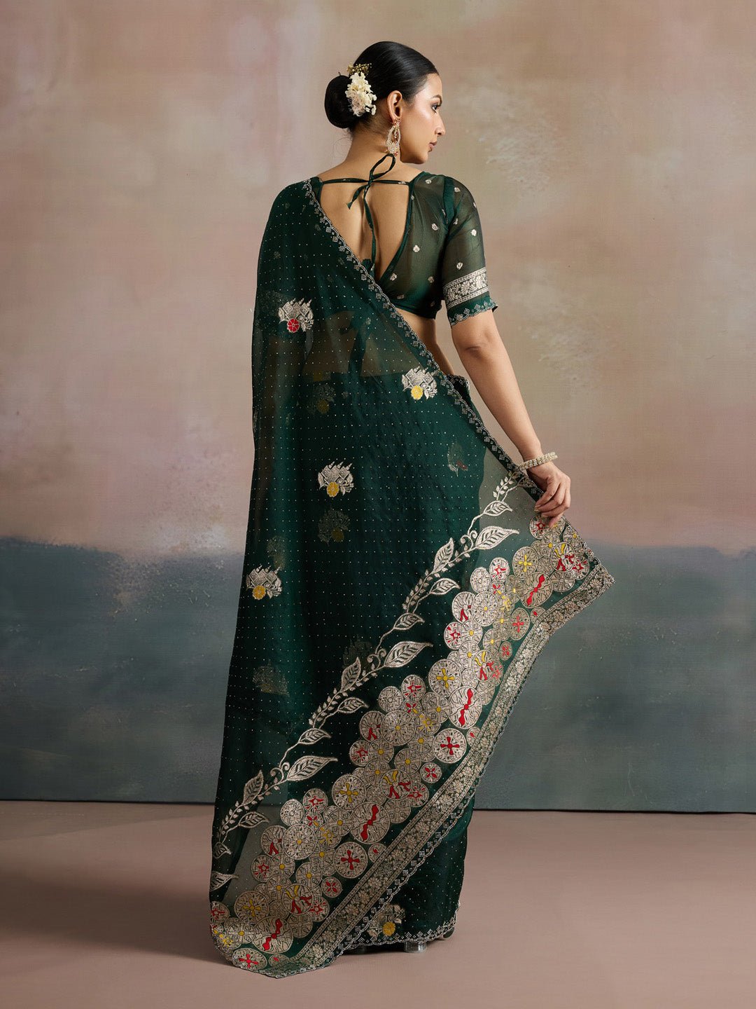 Dark Green Organza Saree With Jari Border - Ressa