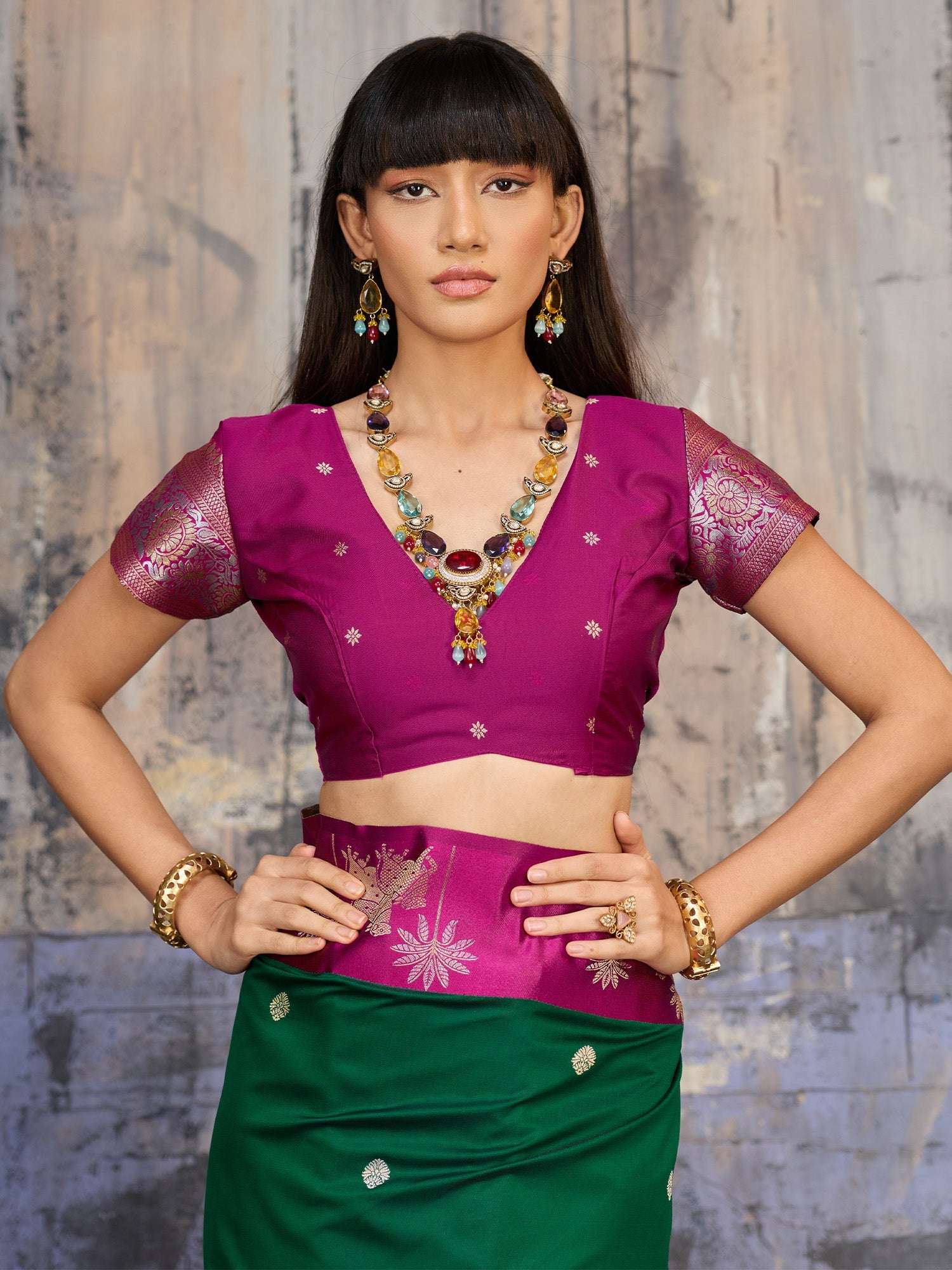 Dark Green & Pink Banarasi Silk Saree - Ressa