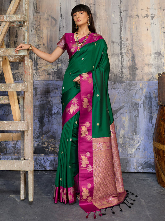 Dark Green & Pink Banarasi Silk Saree - Ressa