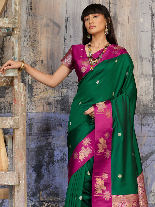 Dark Green & Pink Banarasi Silk Saree - Ressa