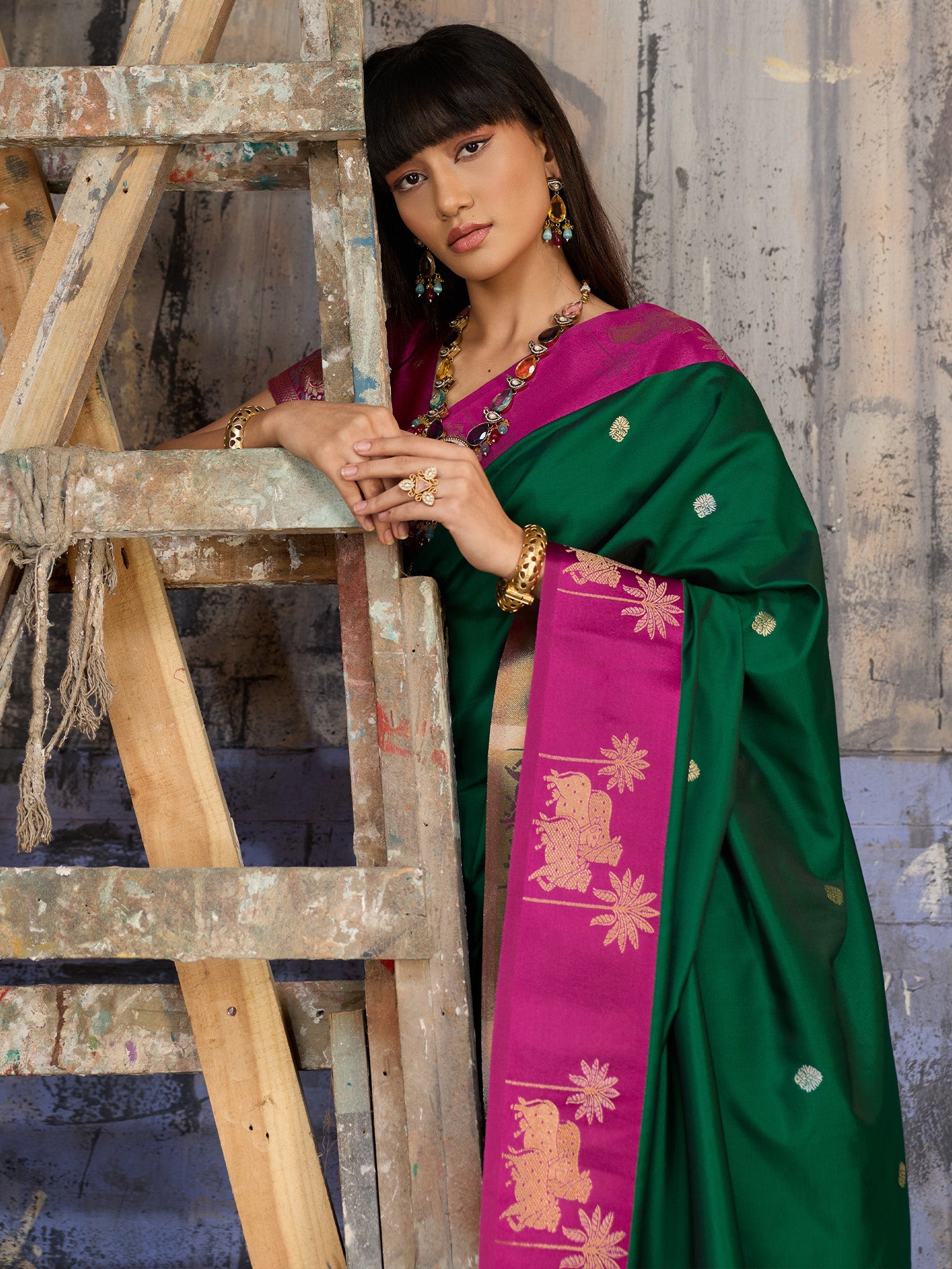 Dark Green & Pink Banarasi Silk Saree - Ressa