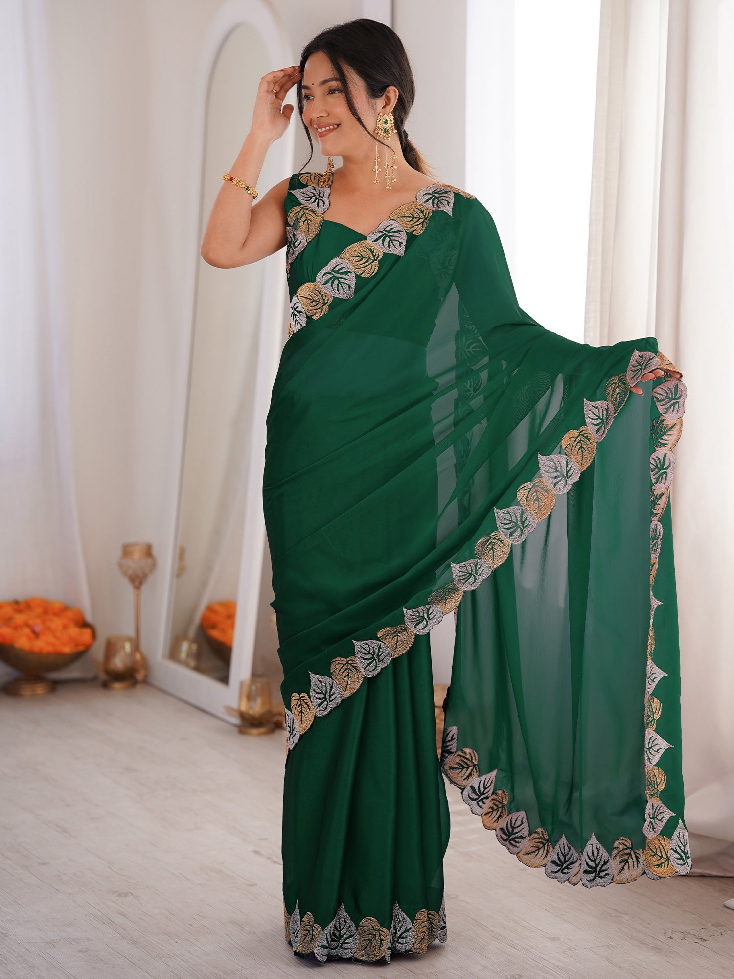 Dark Green Pure Georgette Saree - Ressa