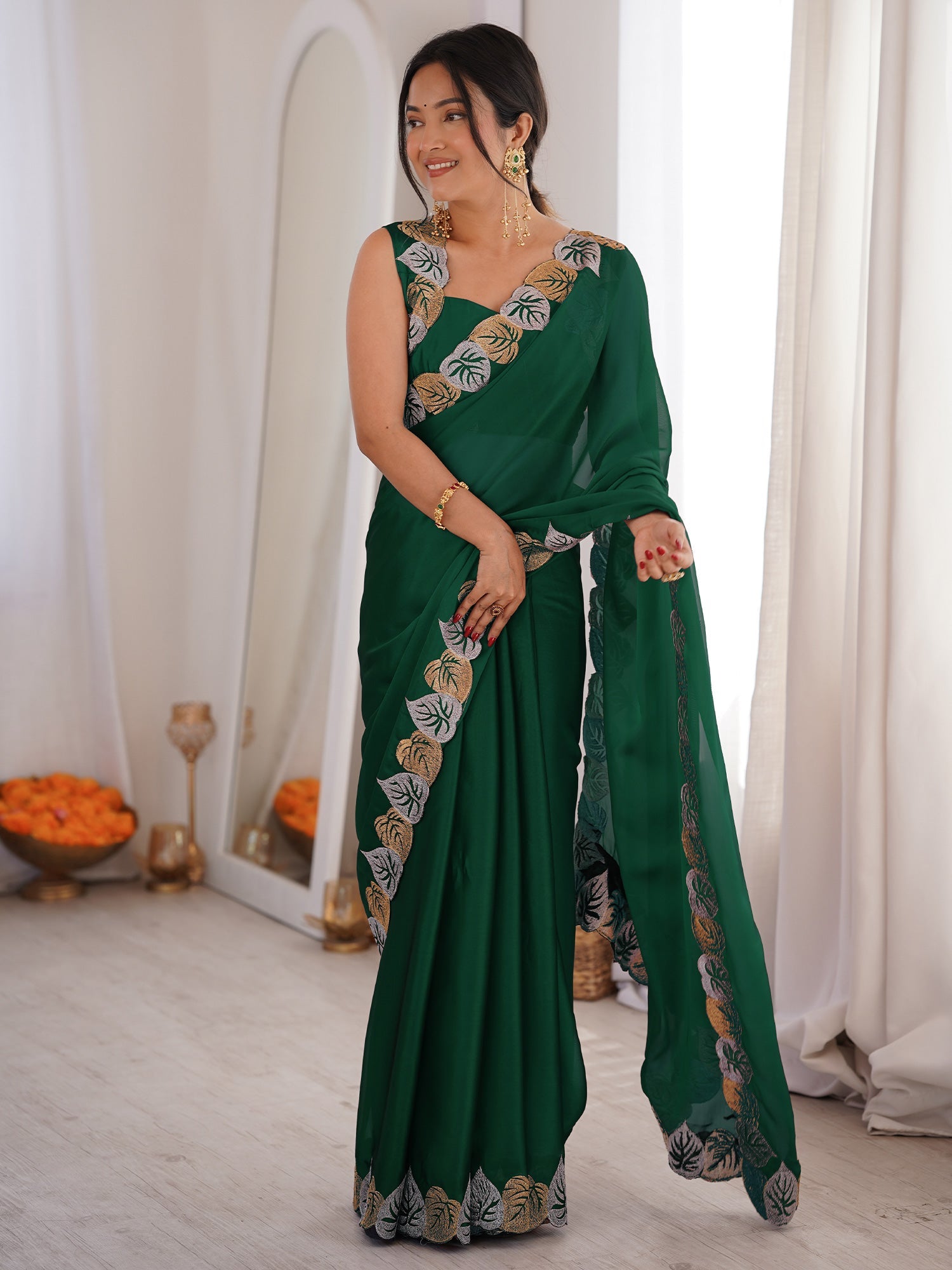 Dark Green Pure Georgette Saree - Ressa