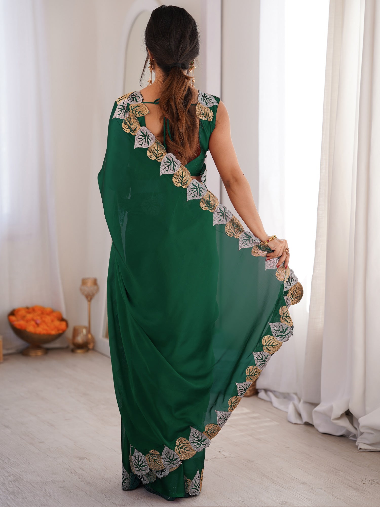 Dark Green Pure Georgette Saree - Ressa