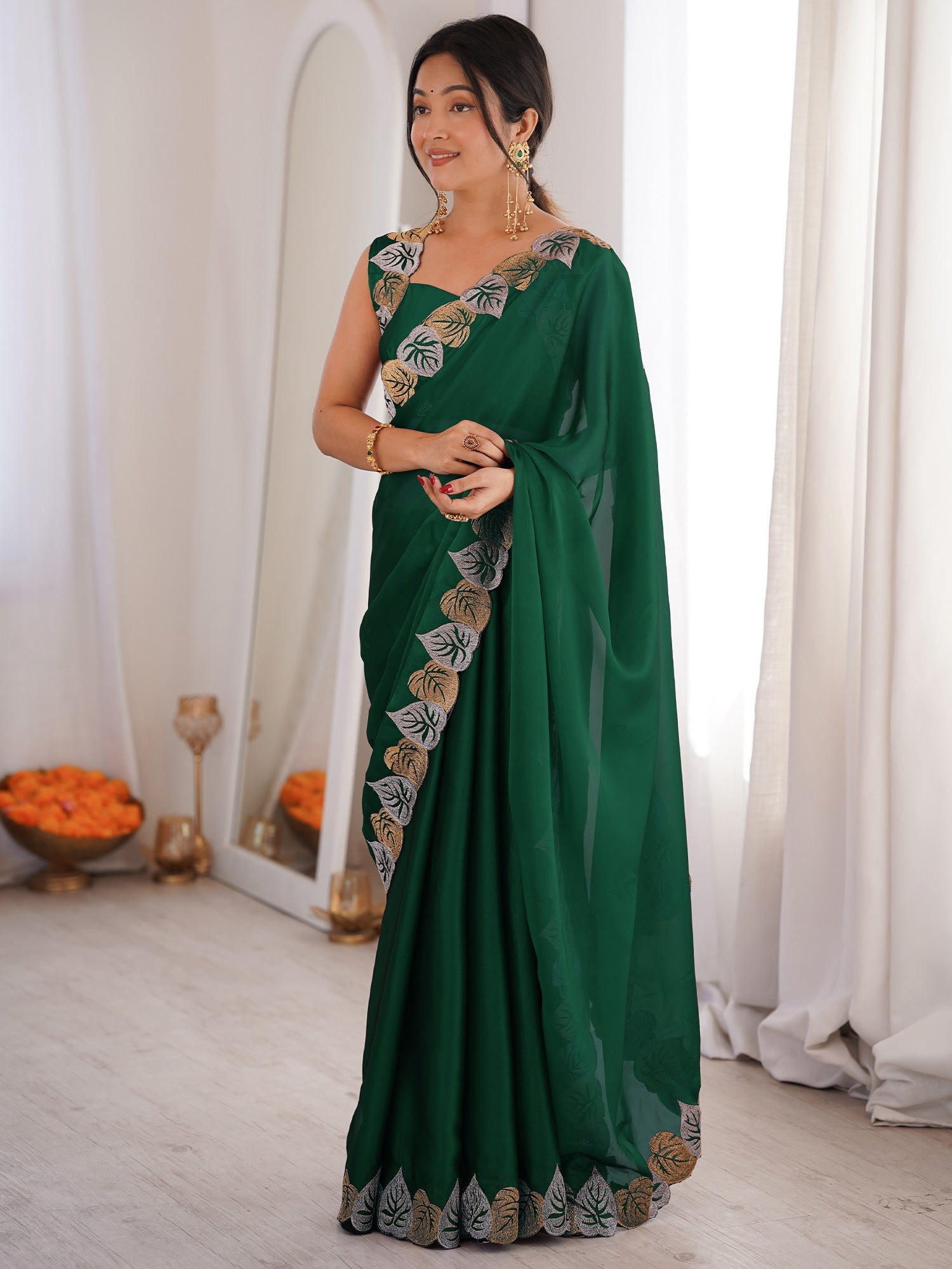 Dark Green Pure Georgette Saree - Ressa