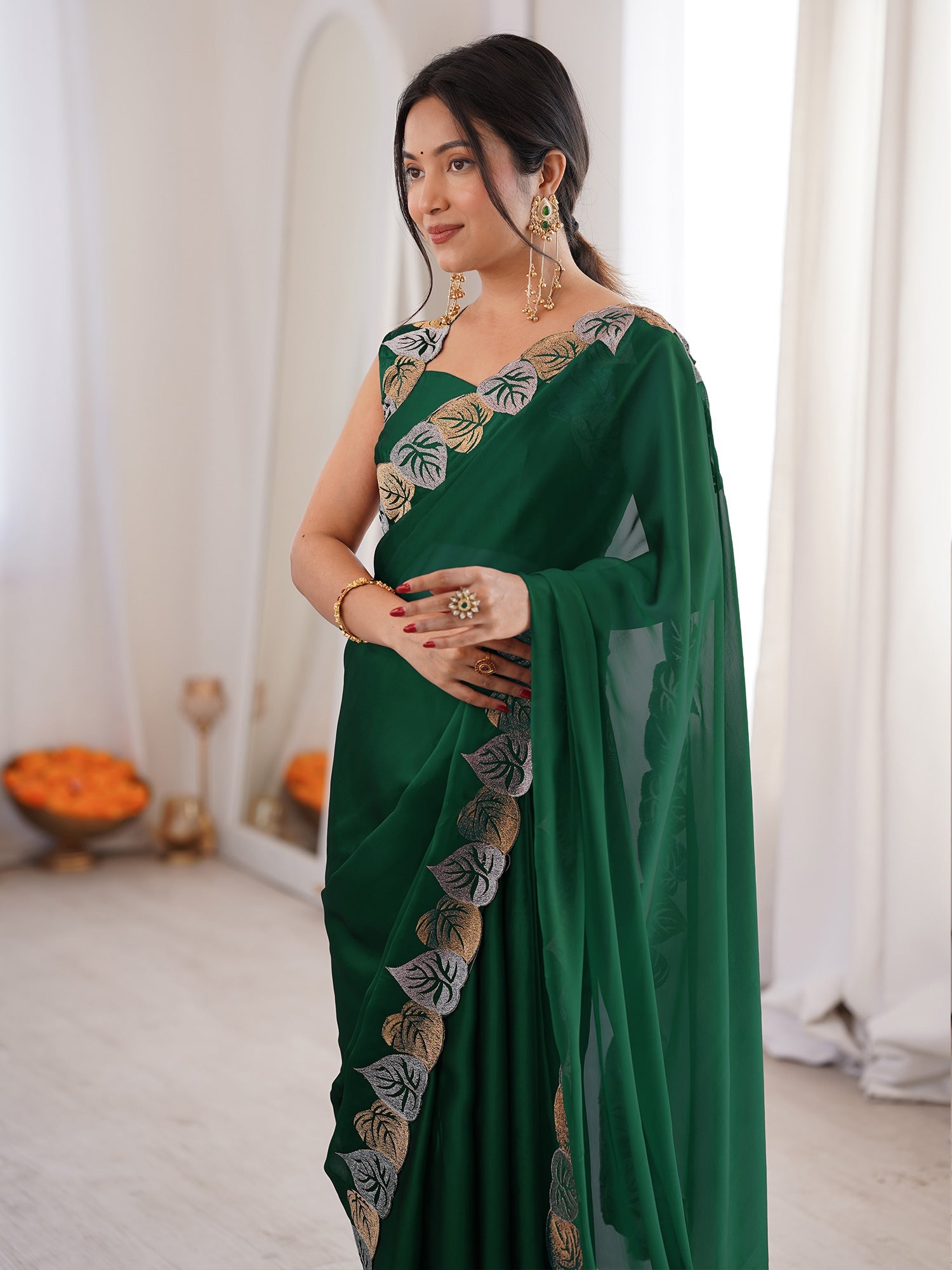 Dark Green Pure Georgette Saree - Ressa