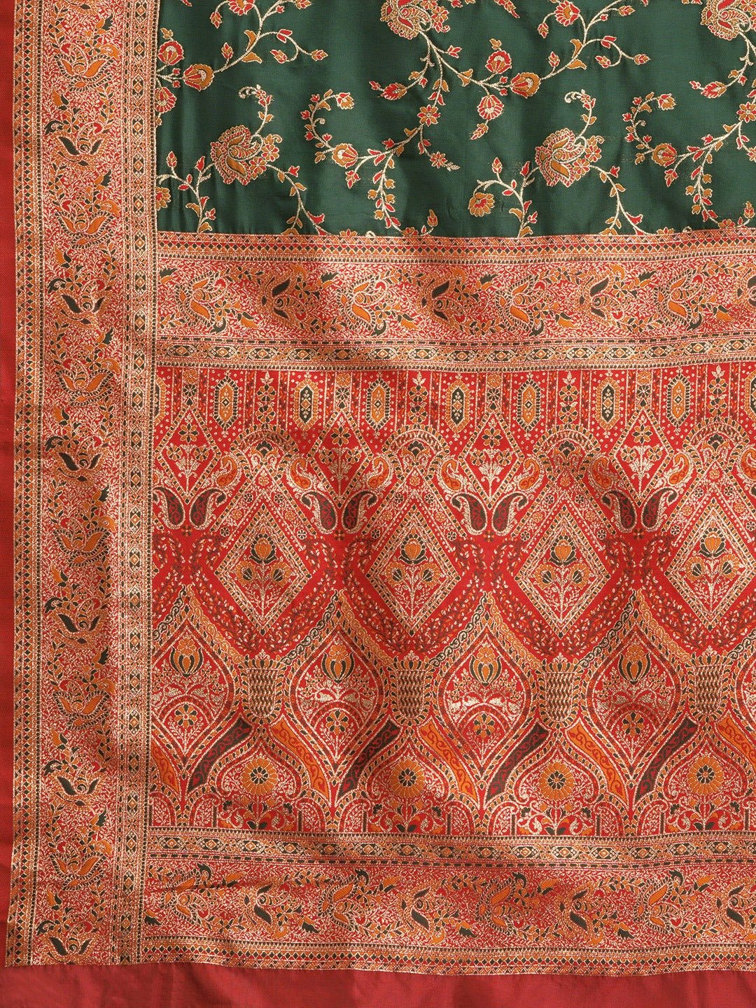 Dark Green Red Banarasi Silk Saree - Ressa
