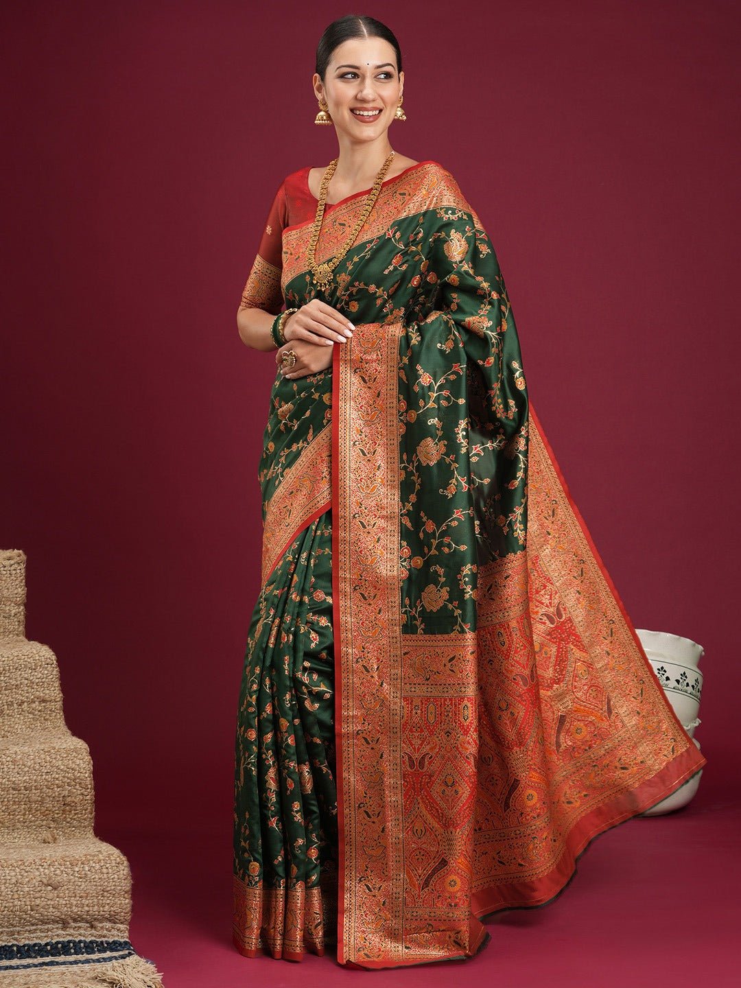 Dark Green Red Banarasi Silk Saree - Ressa