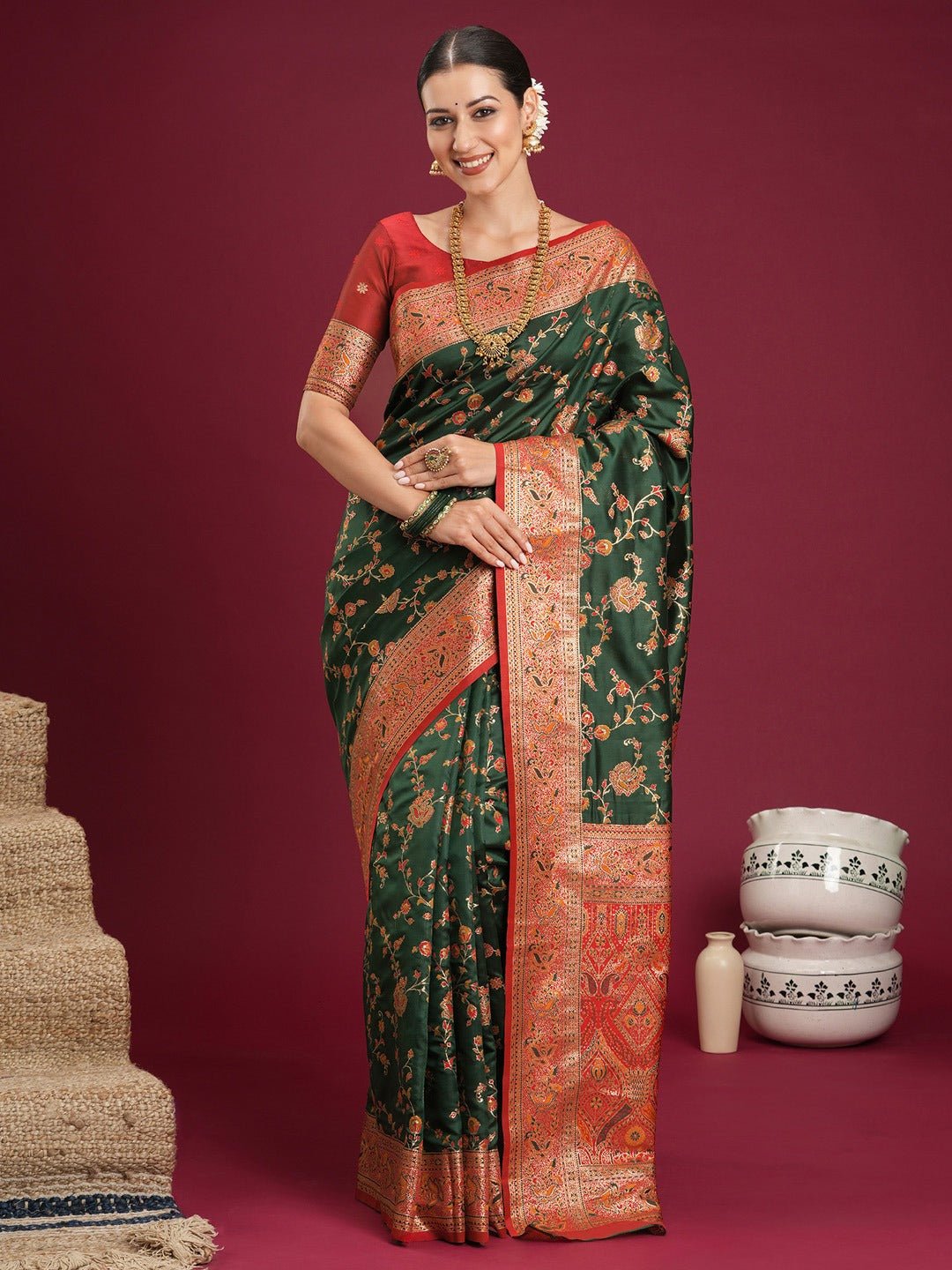 Dark Green Red Banarasi Silk Saree - Ressa