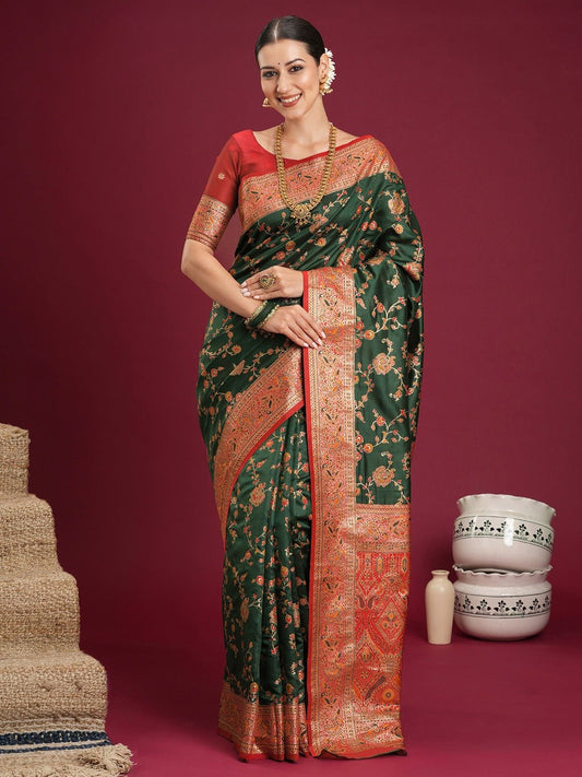 Dark Green Red Banarasi Silk Saree - Ressa
