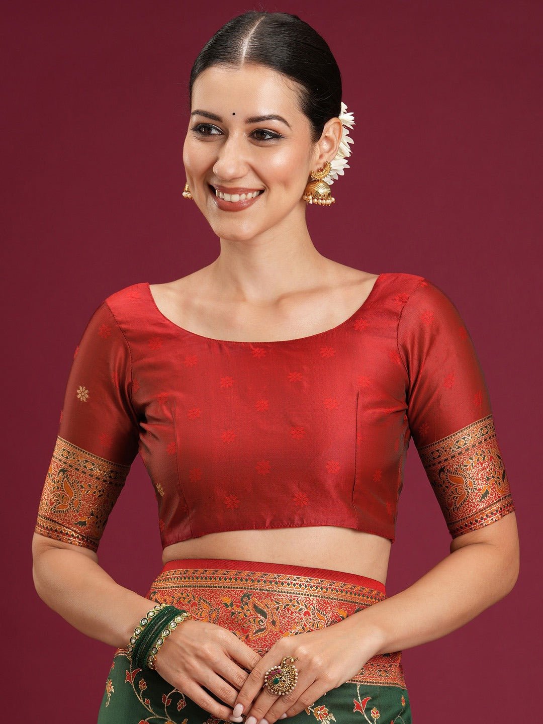 Dark Green Red Banarasi Silk Saree - Ressa