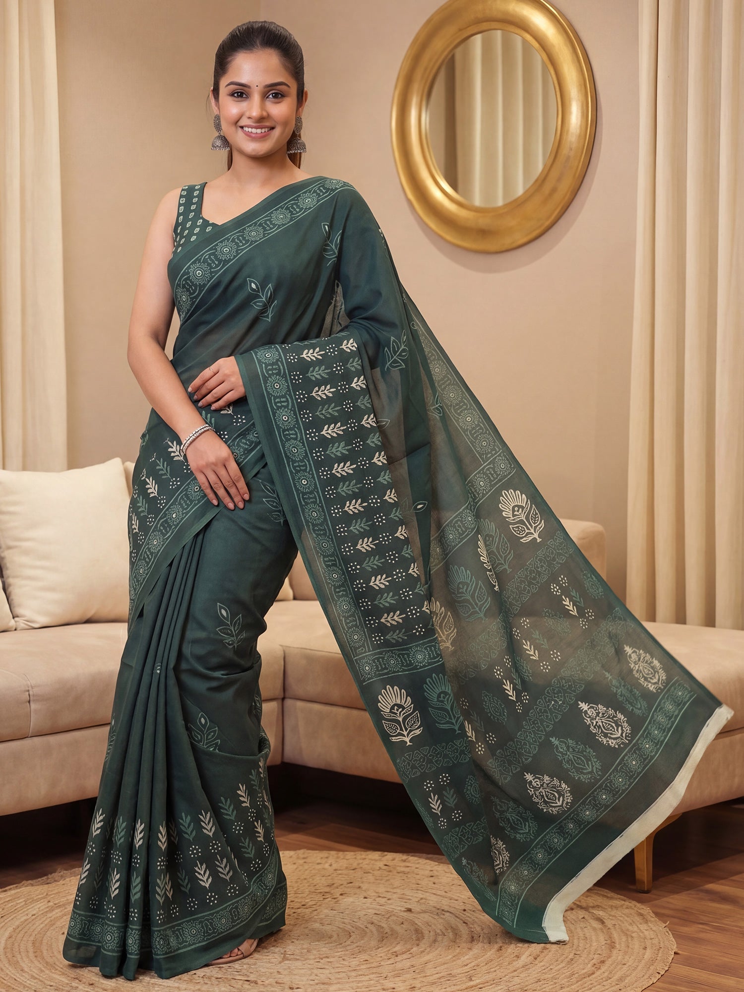 Dark Green Saree Printed Saree - Ressa