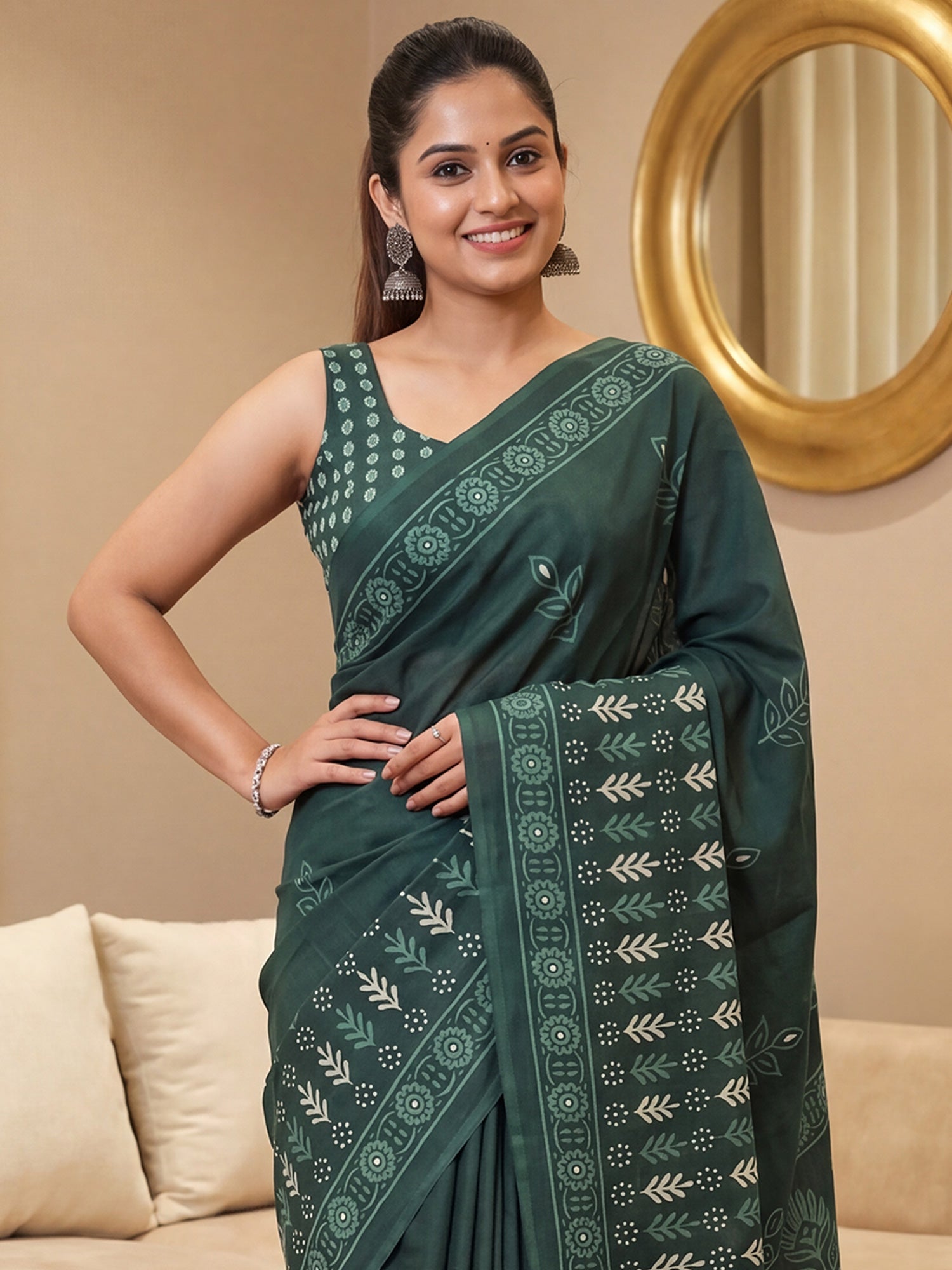 Dark Green Saree Printed Saree - Ressa