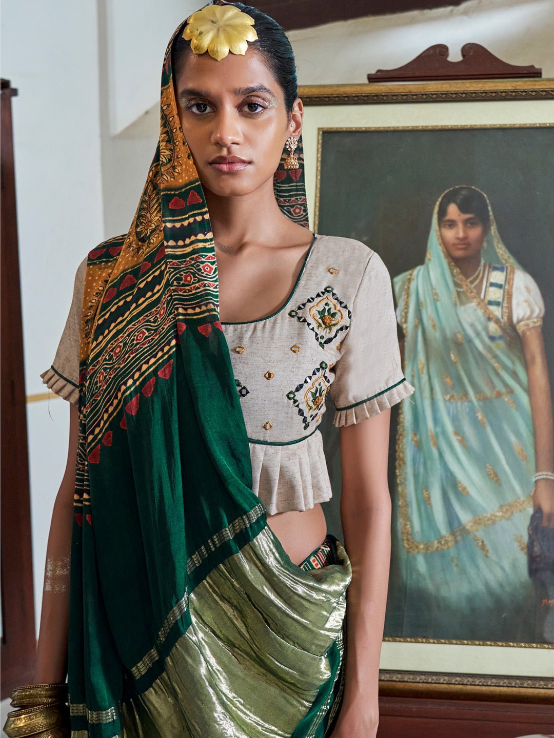 Dark Green Satin Silk Zari Pallu Saree - Ressa