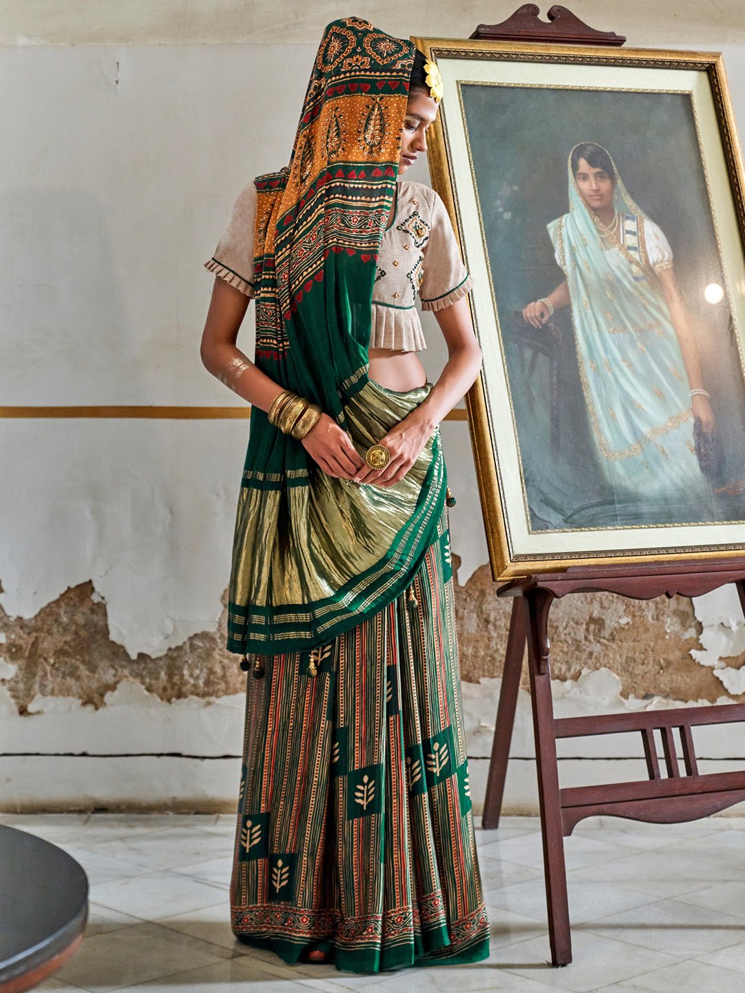 Dark Green Satin Silk Zari Pallu Saree - Ressa