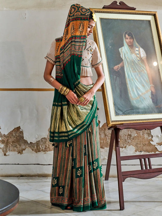 Dark Green Satin Silk Zari Pallu Saree - Ressa