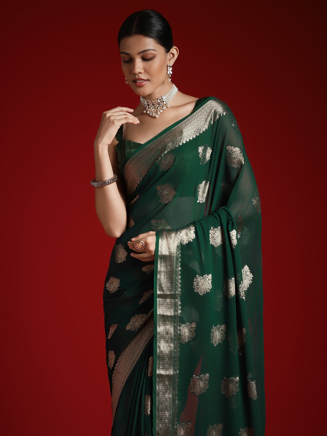 Dark Green Silk Blend Heritage Banarasi Style Saree - Ressa