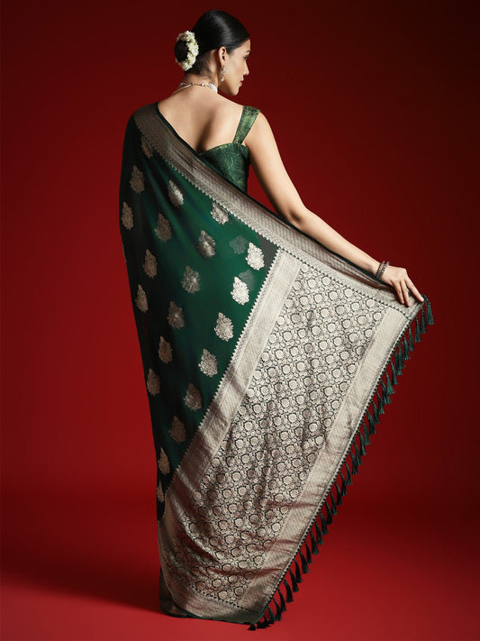 Dark Green Silk Blend Heritage Banarasi Style Saree - Ressa