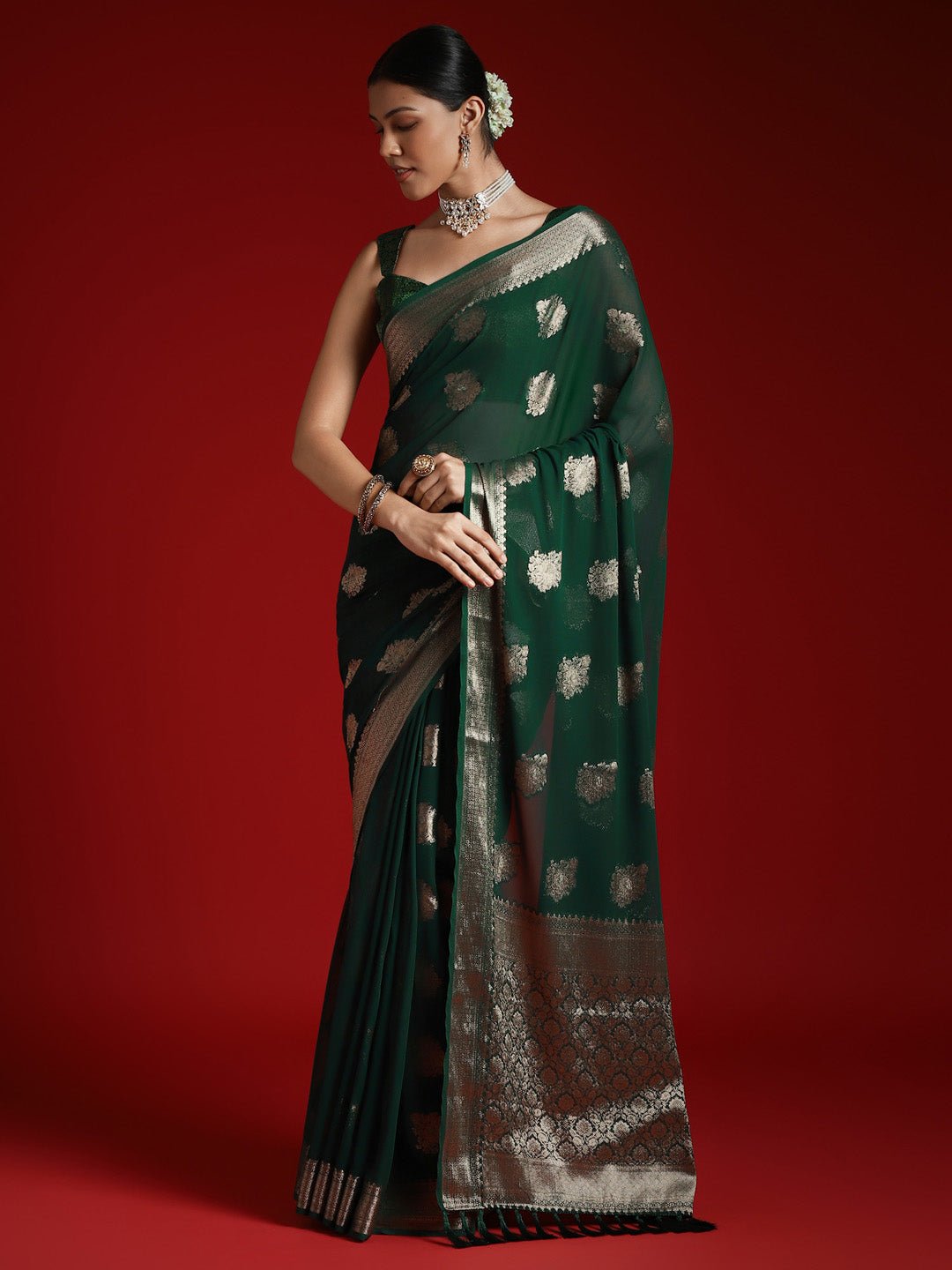 Dark Green Silk Blend Heritage Banarasi Style Saree - Ressa