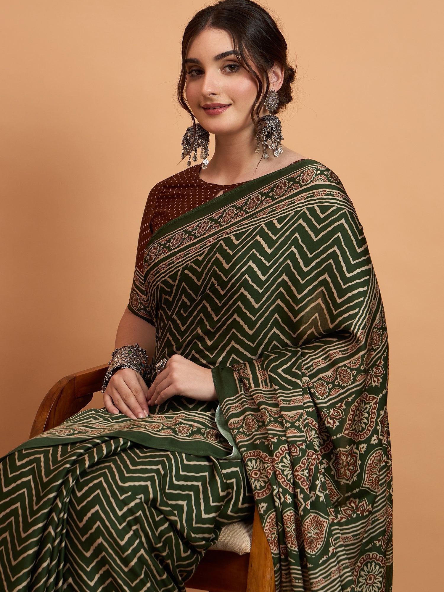 Dark Green Silk Blend Leheriya & Patola Style Print Saree - Ressa