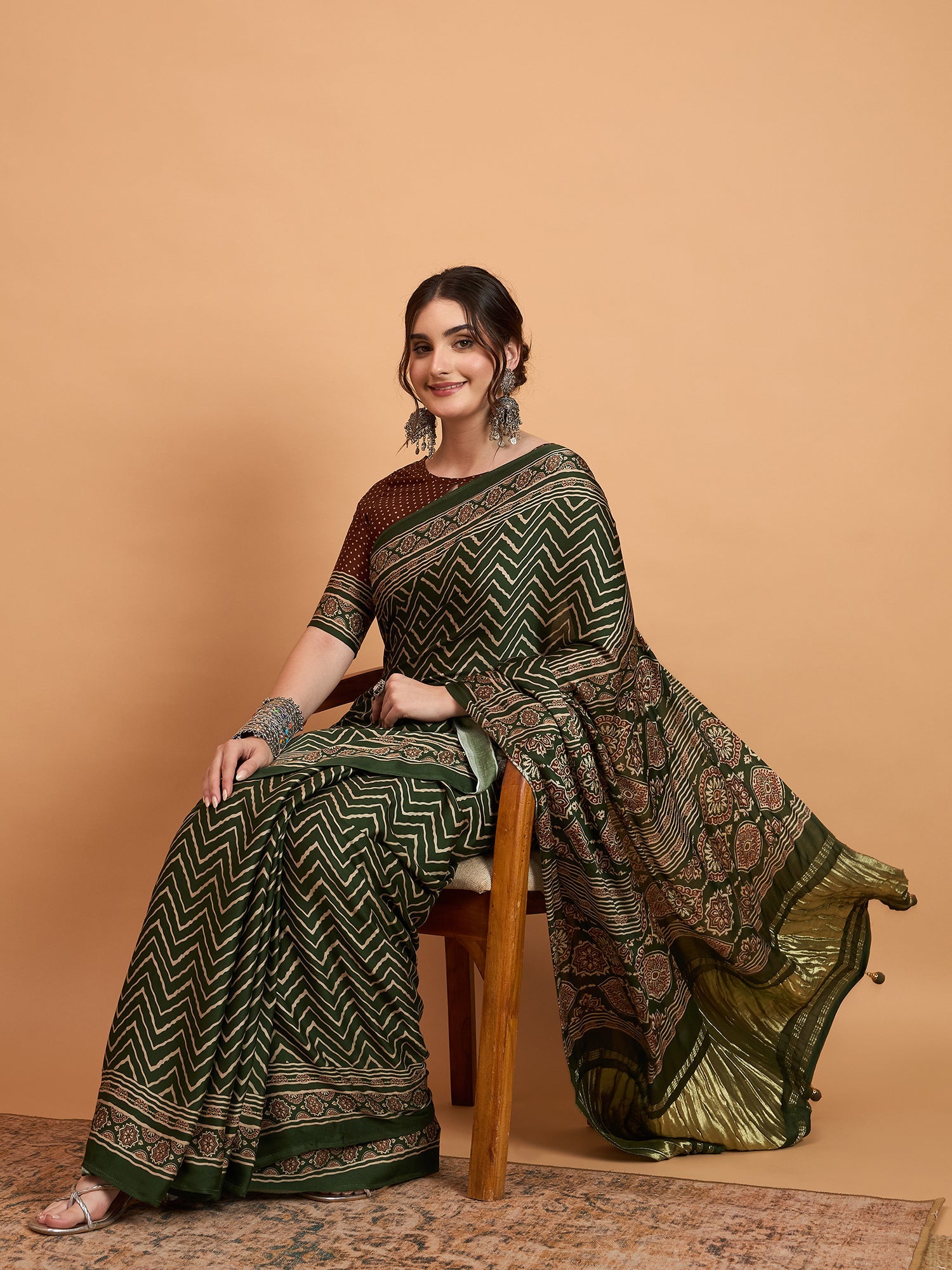 Dark Green Silk Blend Leheriya & Patola Style Print Saree - Ressa