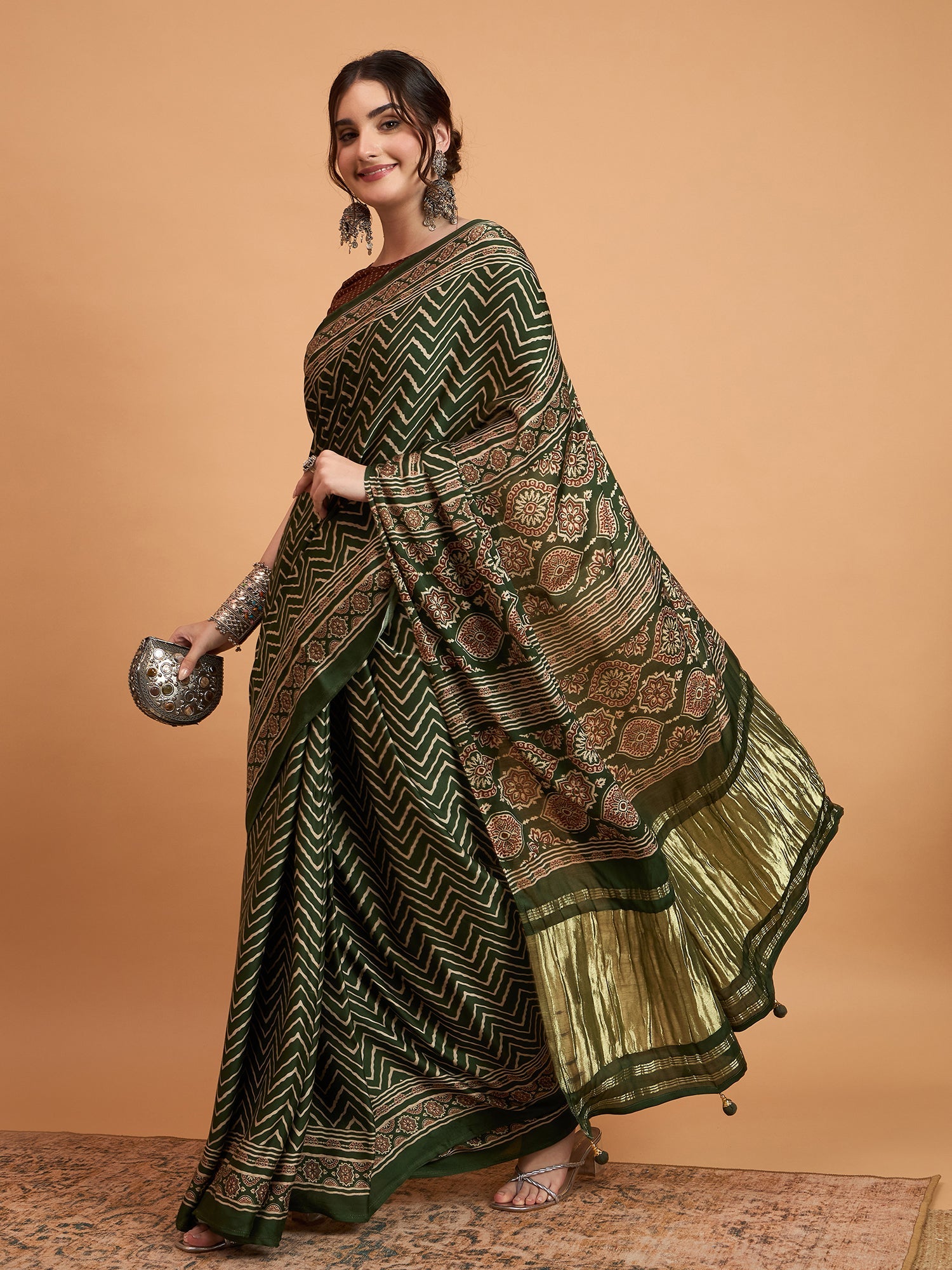 Dark Green Silk Blend Leheriya & Patola Style Print Saree - Ressa
