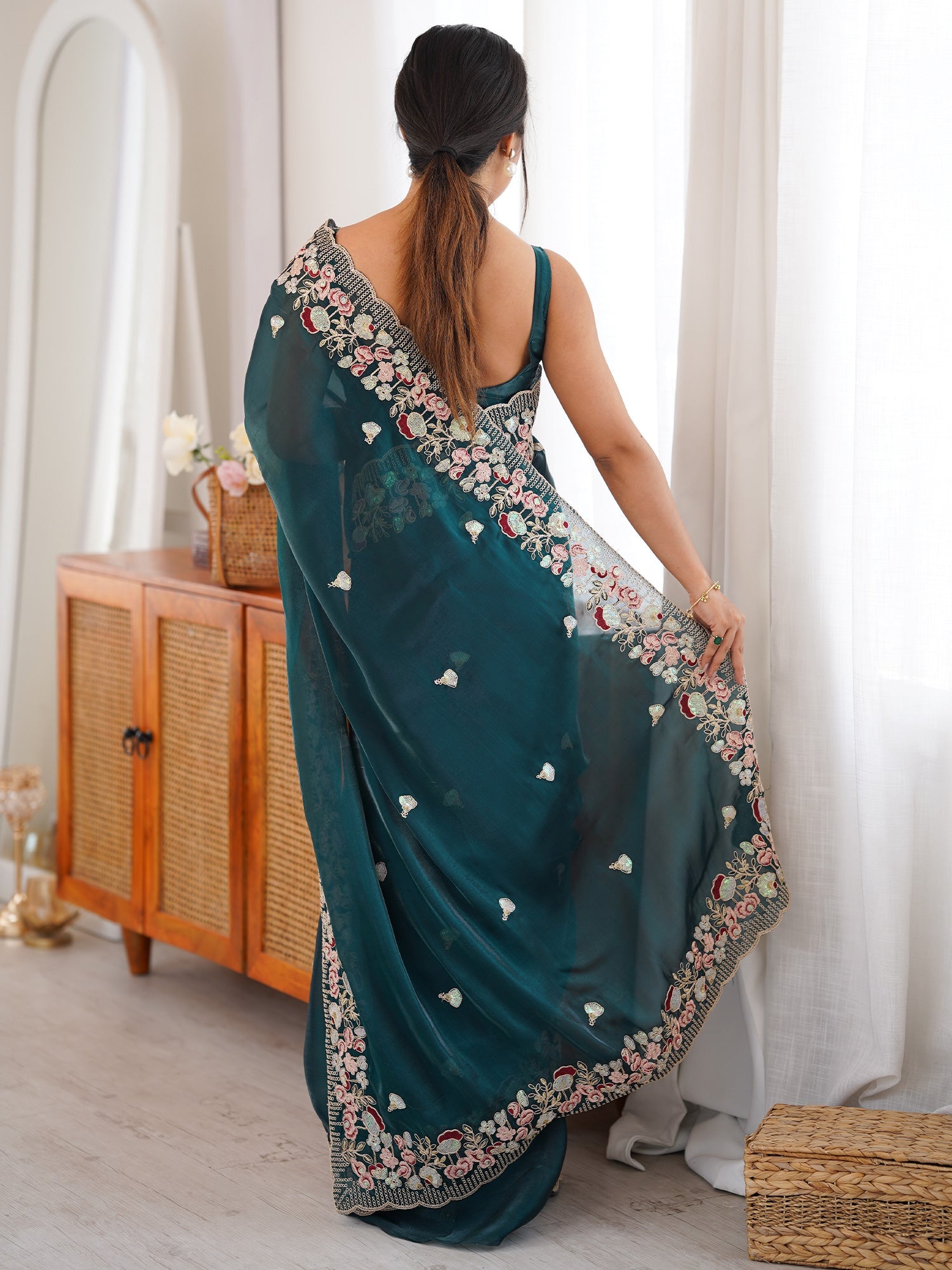 Dark Green Tissue Saree with Floral Border - Ressa