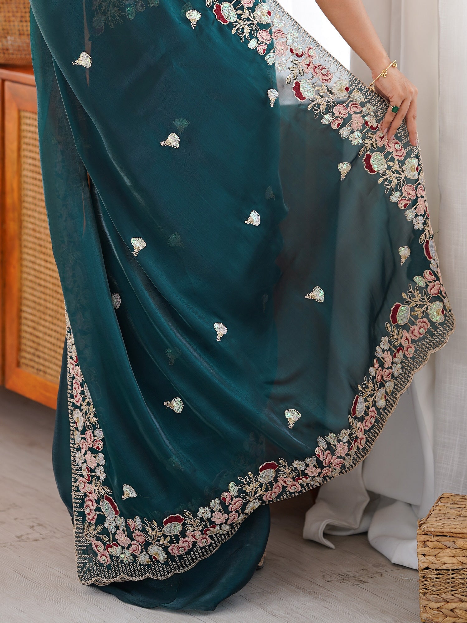 Dark Green Tissue Saree with Floral Border - Ressa