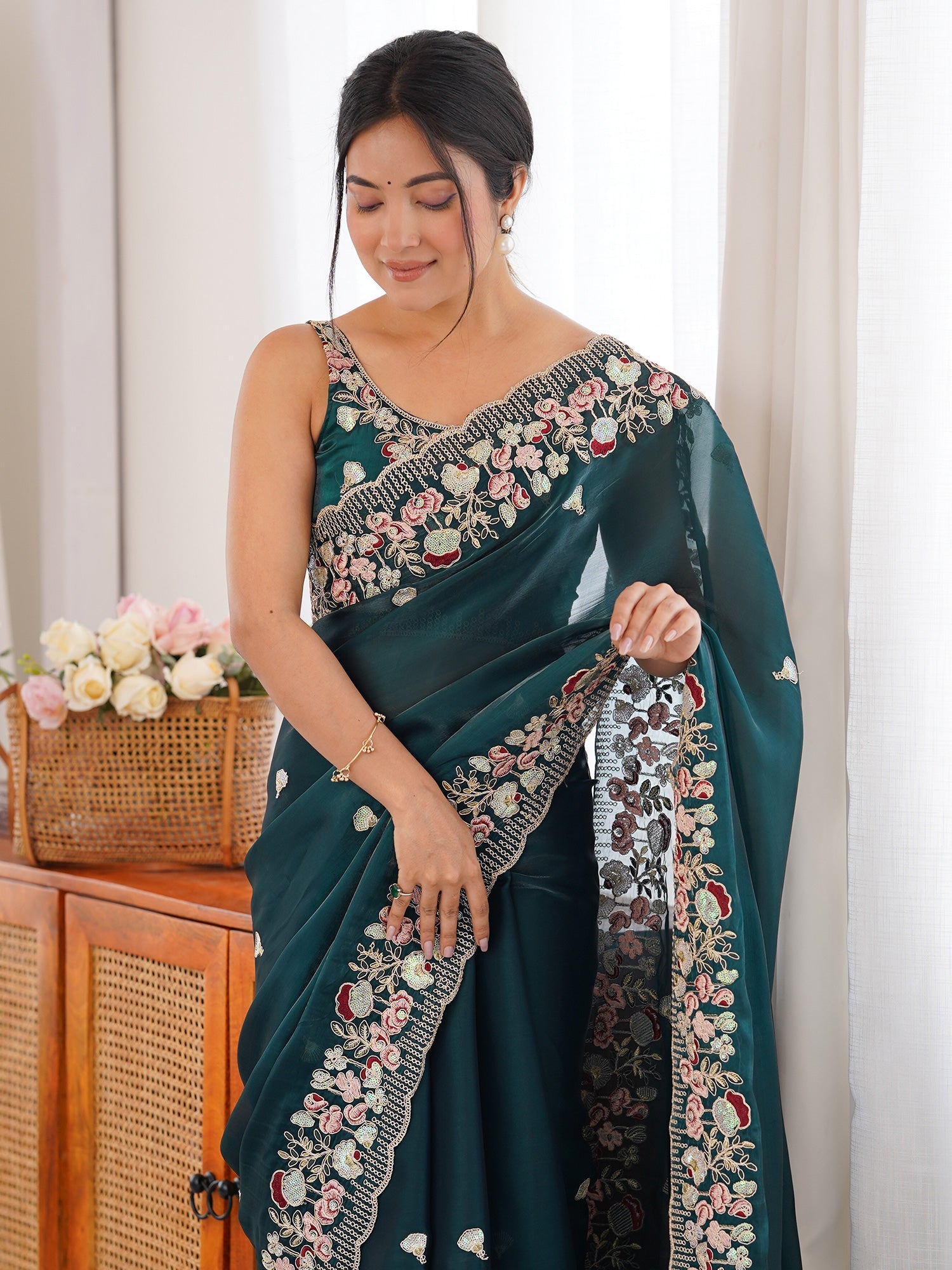 Dark Green Tissue Saree with Floral Border - Ressa