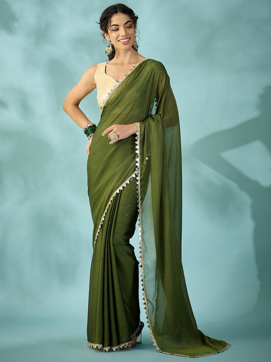 Dark Green Tissue Silk Saree with Zari Stripes - Ressa
