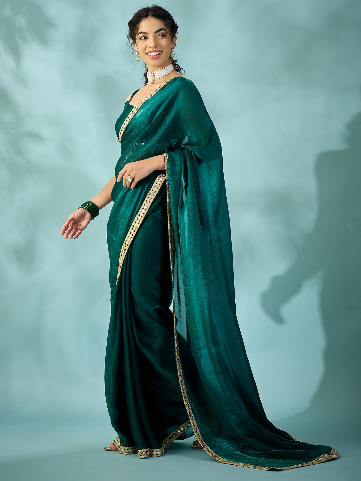 Dark Green Tissue Silk Saree with Zari Stripes - Ressa