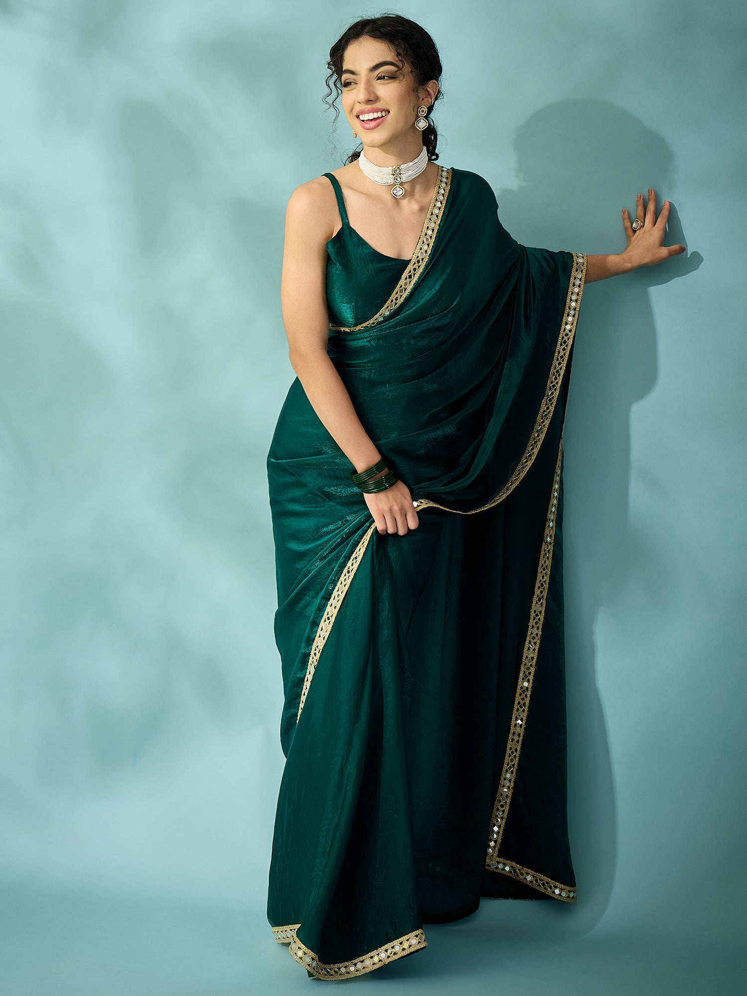 Dark Green Tissue Silk Saree with Zari Stripes - Ressa
