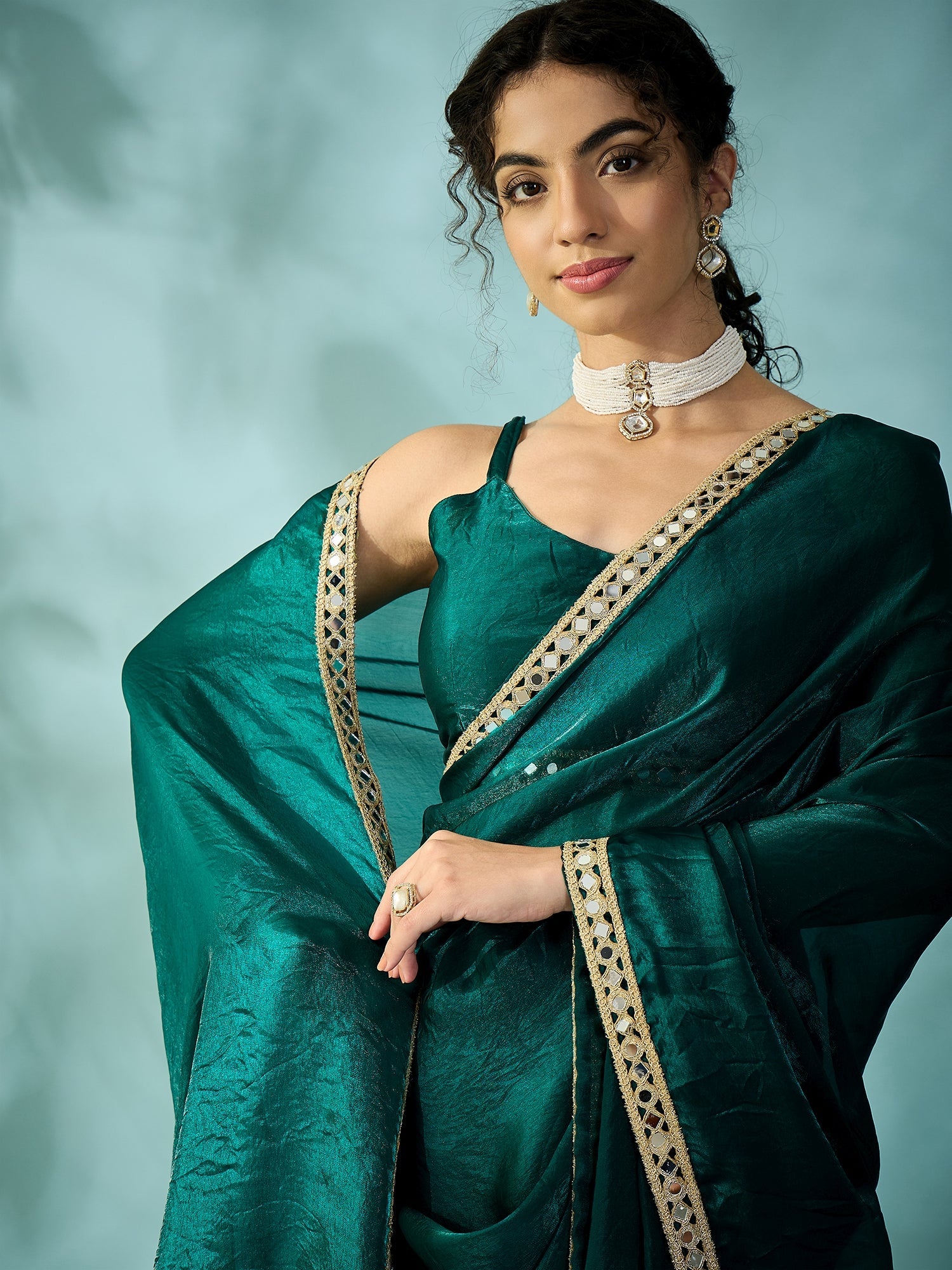 Dark Green Tissue Silk Saree with Zari Stripes - Ressa